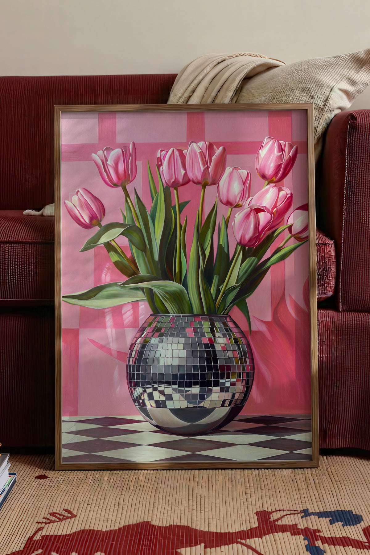Vazoda Pembe Laleler Poster – Kahverengi Çerçeveli Tablo