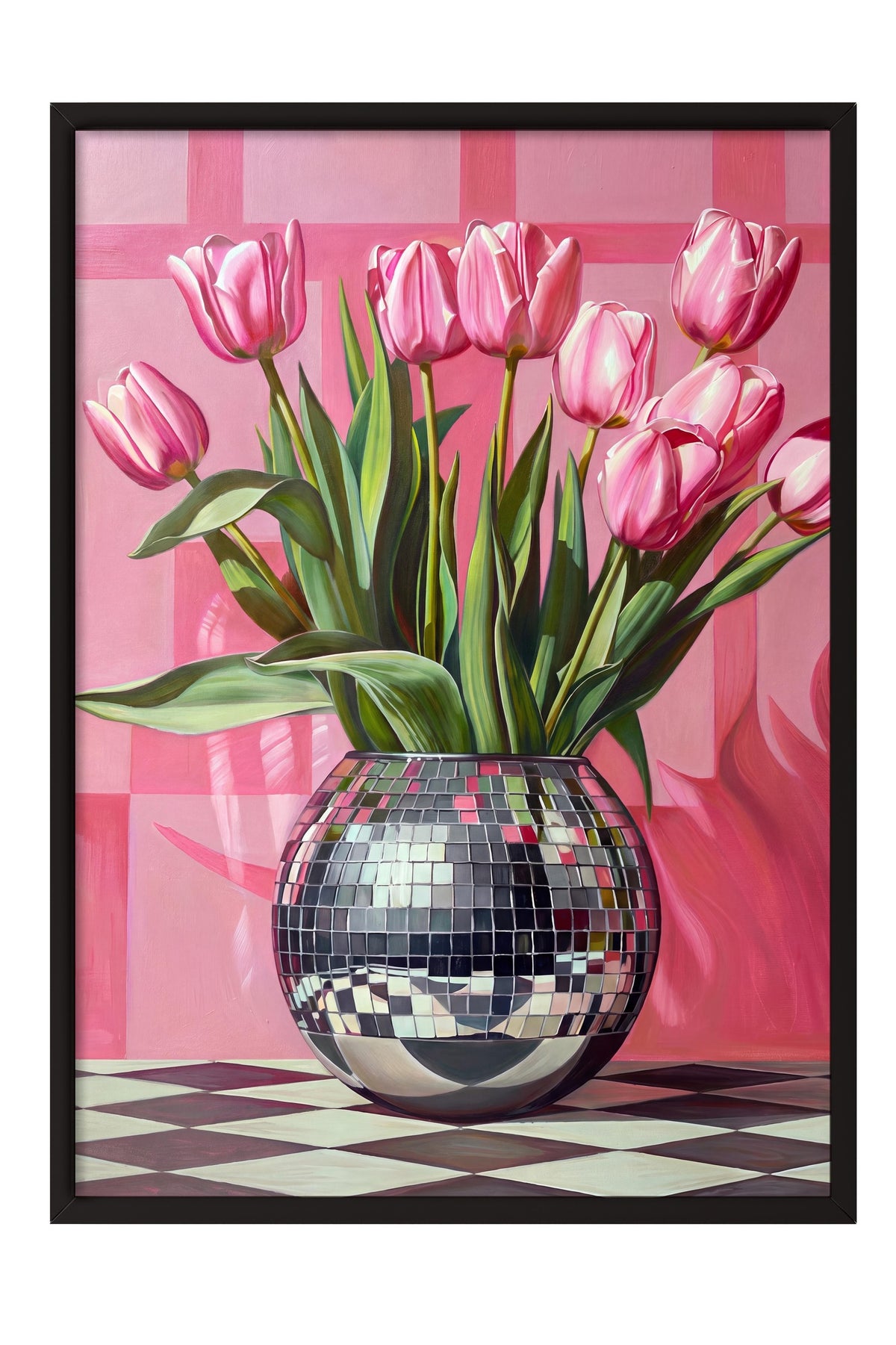 Vazoda Pembe Laleler Poster – Siyah Çerçeveli Tablo
