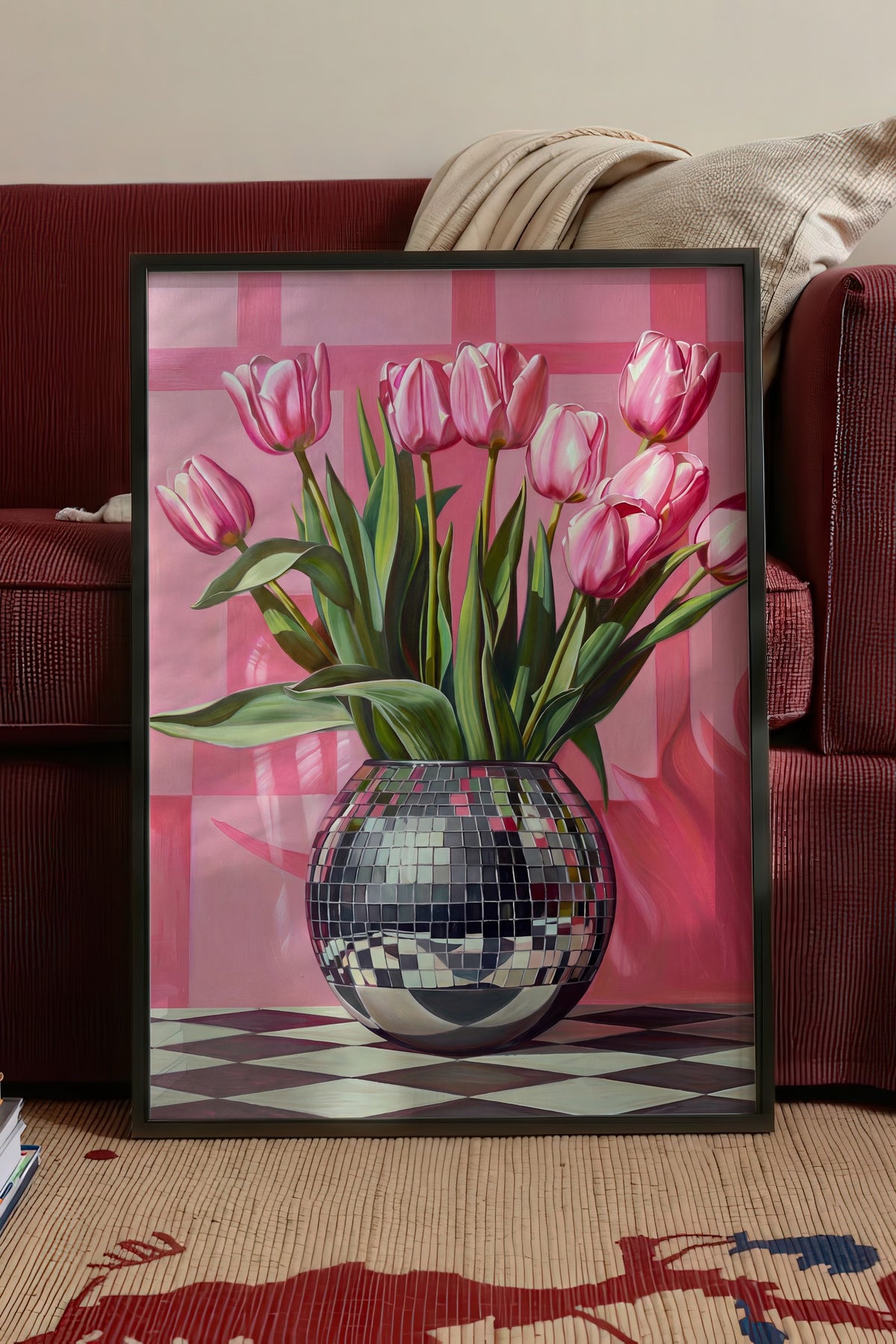 Vazoda Pembe Laleler Poster – Siyah Çerçeveli Tablo