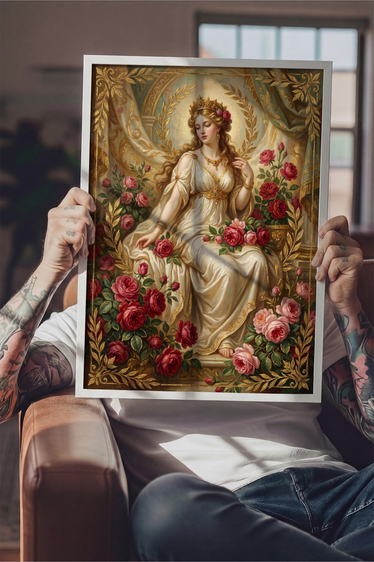 Güllerle Çevrili Kadın Figürü Poster – Beyaz Çerçeveli Tablo
