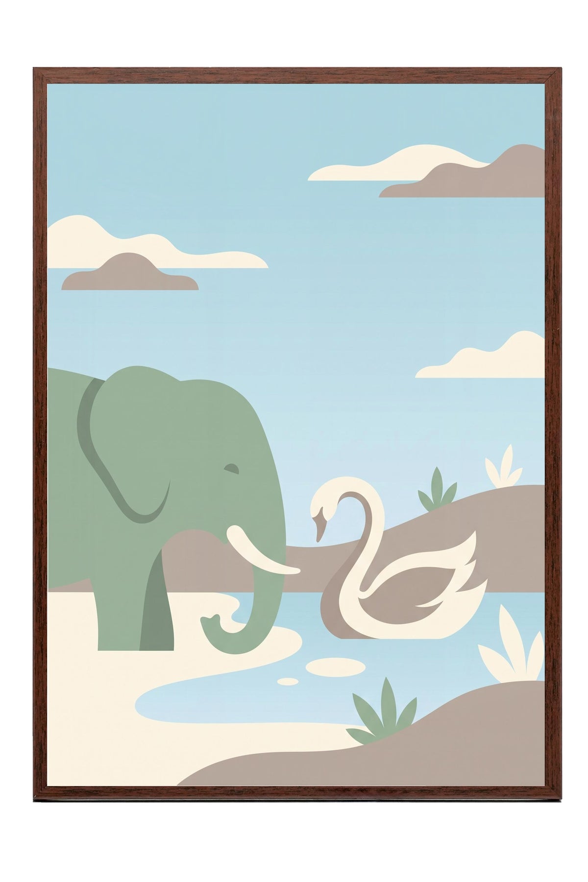 Fil ve Kuğu Minimalist Poster – Kahverengi Çerçeveli Tablo