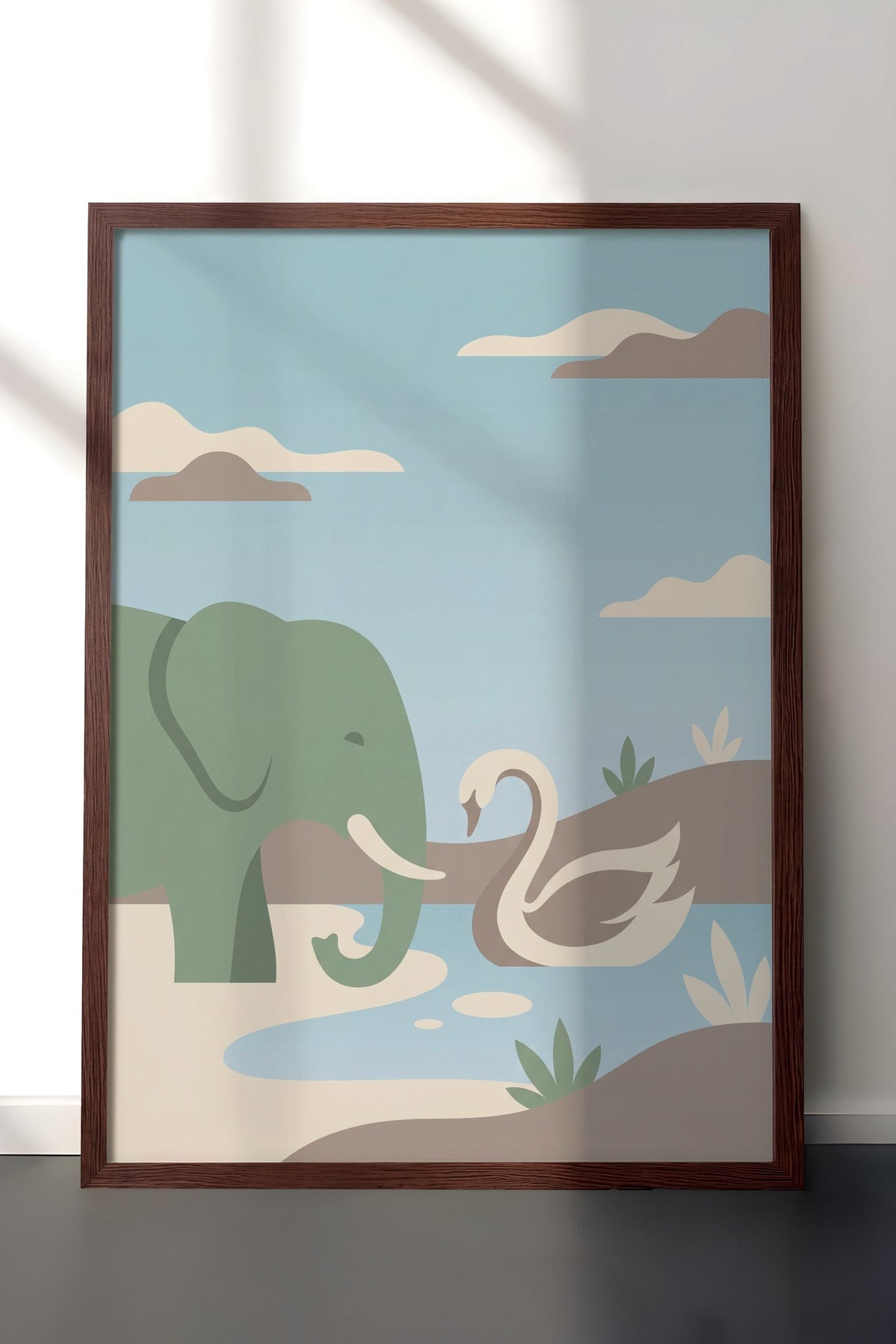 Fil ve Kuğu Minimalist Poster – Kahverengi Çerçeveli Tablo