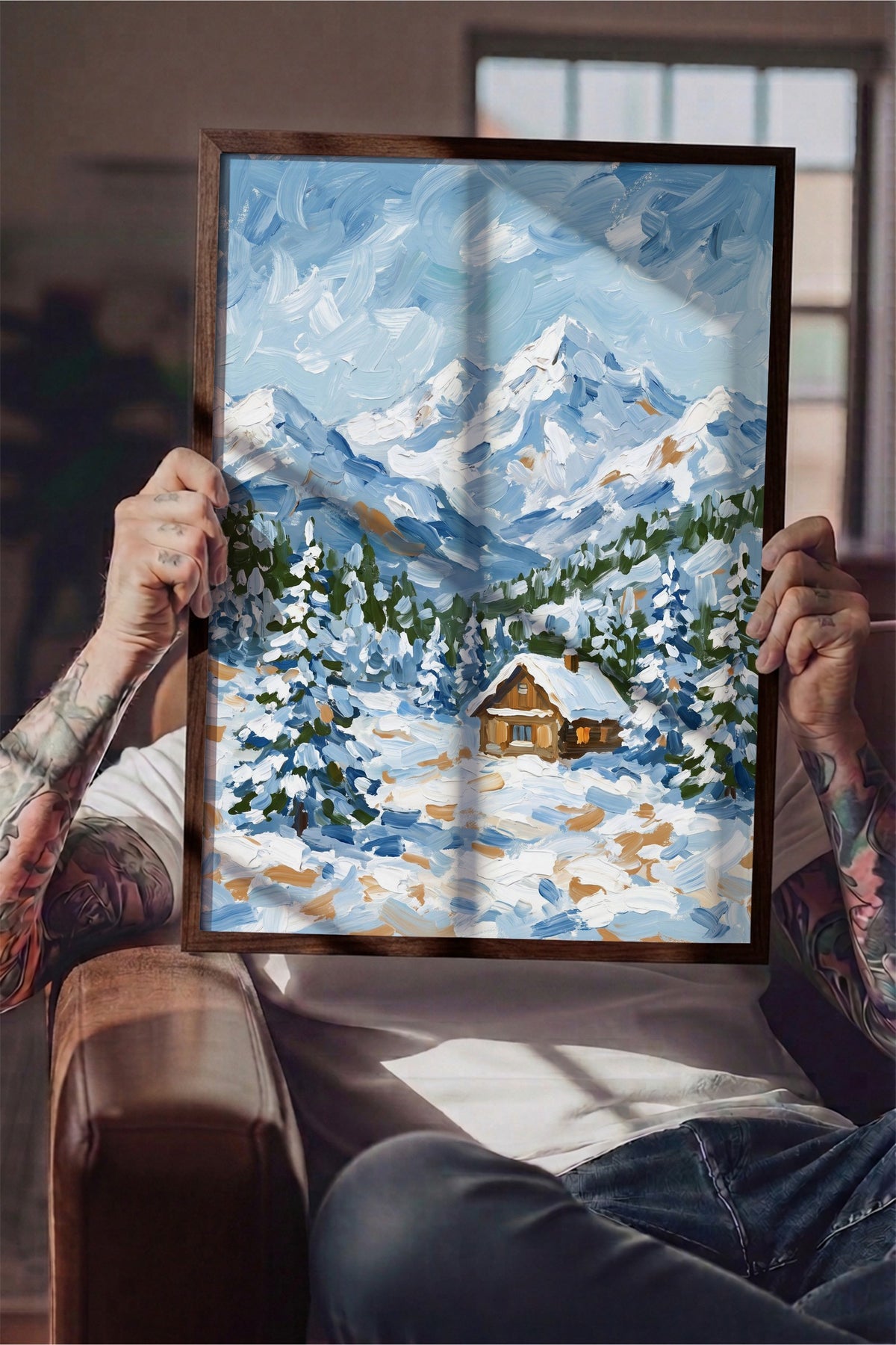 Kış Manzarası ve Dağ Evi Poster – Kahverengi Çerçeveli Tablo