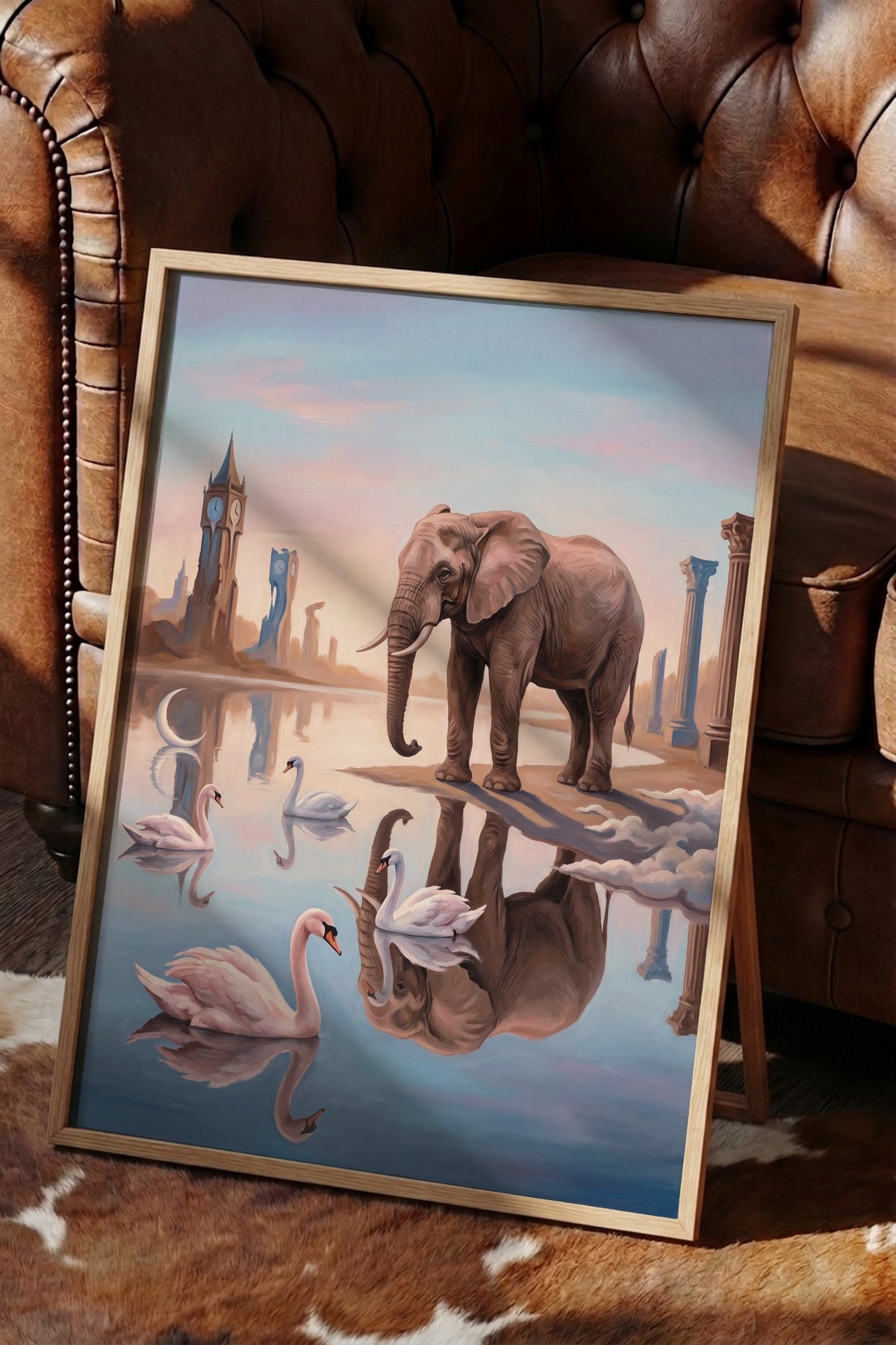 Fantezi Fil ve Kuğu Kompozisyonu Poster – Ahşap Çerçeveli Tablo
