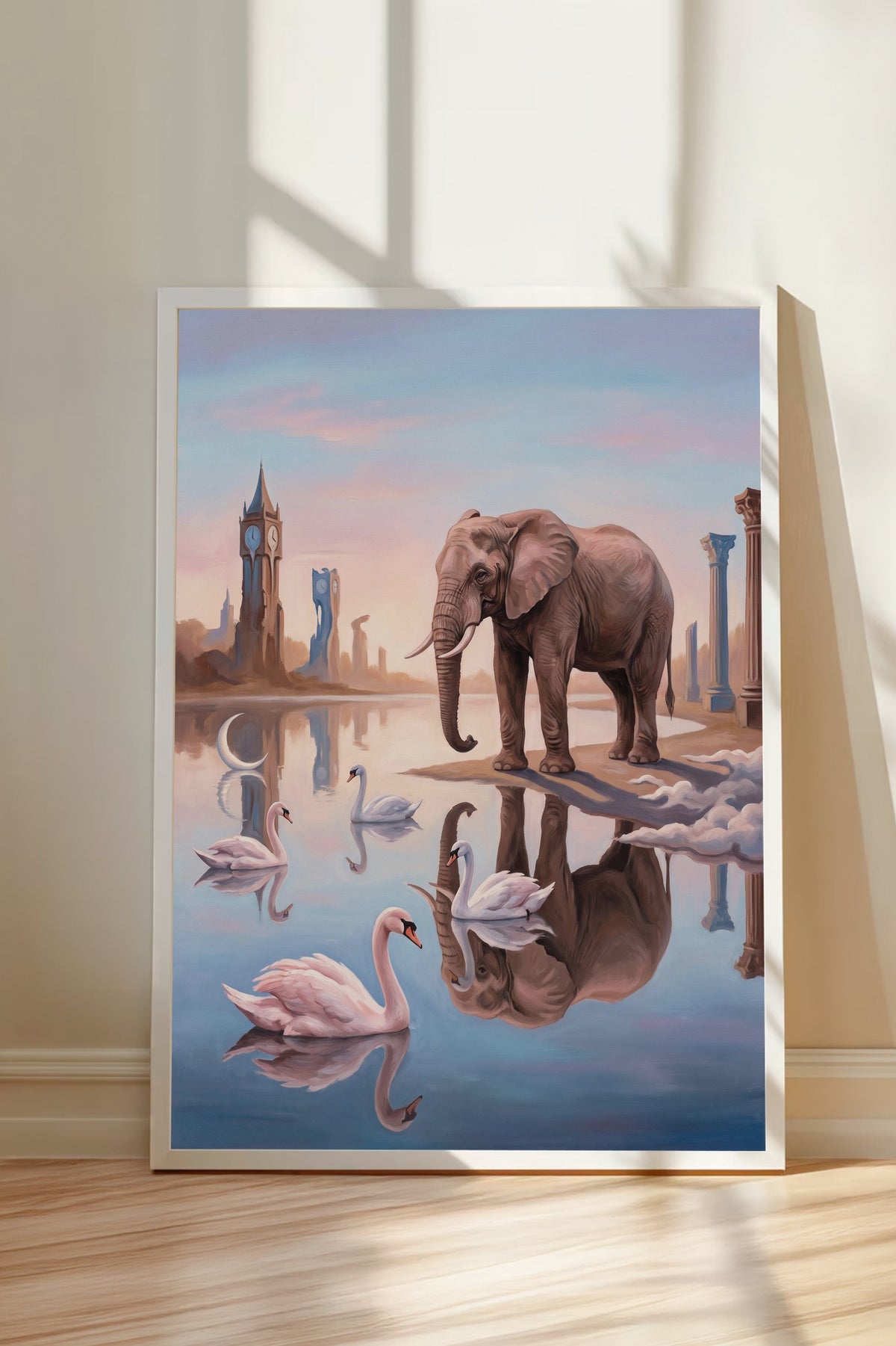 Fantezi Fil ve Kuğu Kompozisyonu Poster – Beyaz Çerçeveli Tablo
