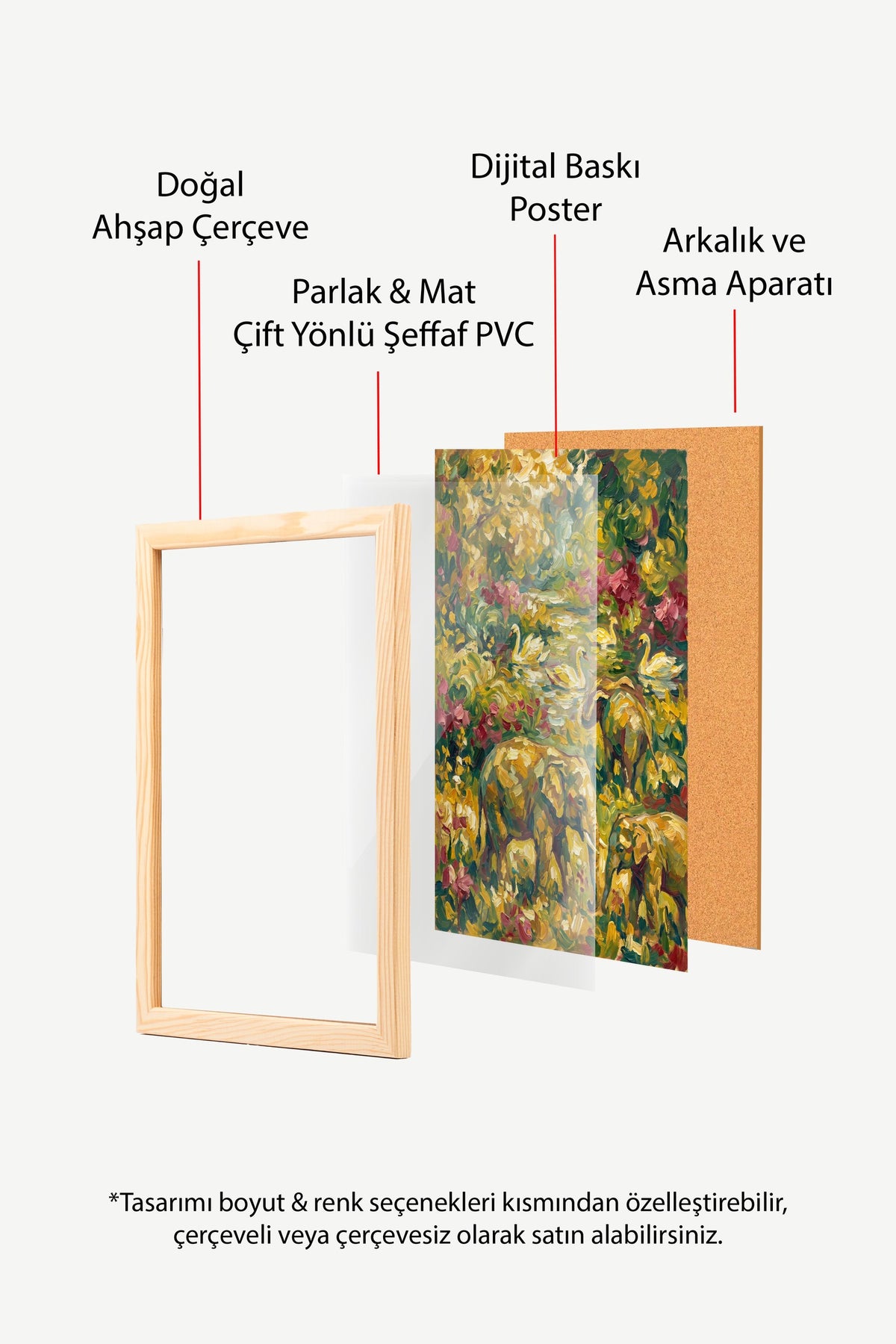 Fil ve Kuğularla Renkli Doğa Poster – Ahşap Çerçeveli Tablo
