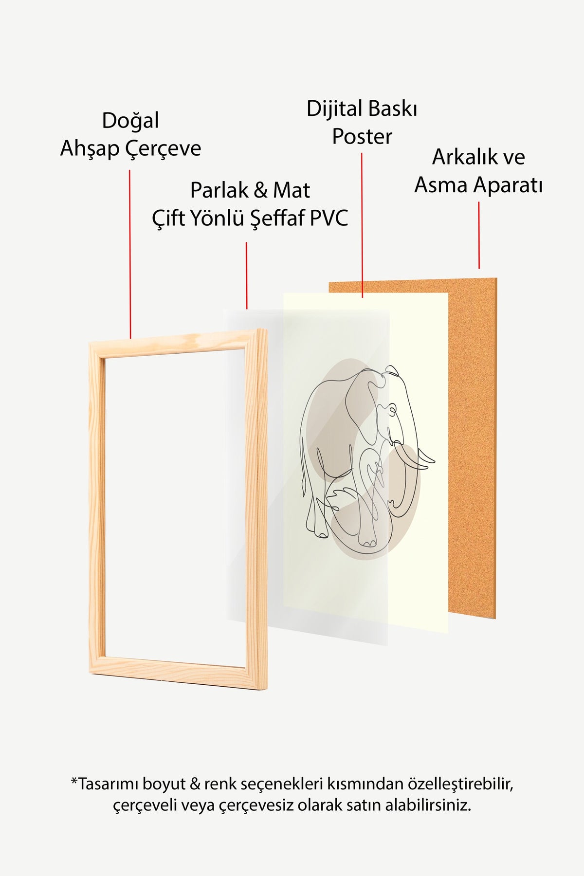 Çizgi Sanatı Fil İllüstrasyonu Poster – Ahşap Çerçeveli Tablo