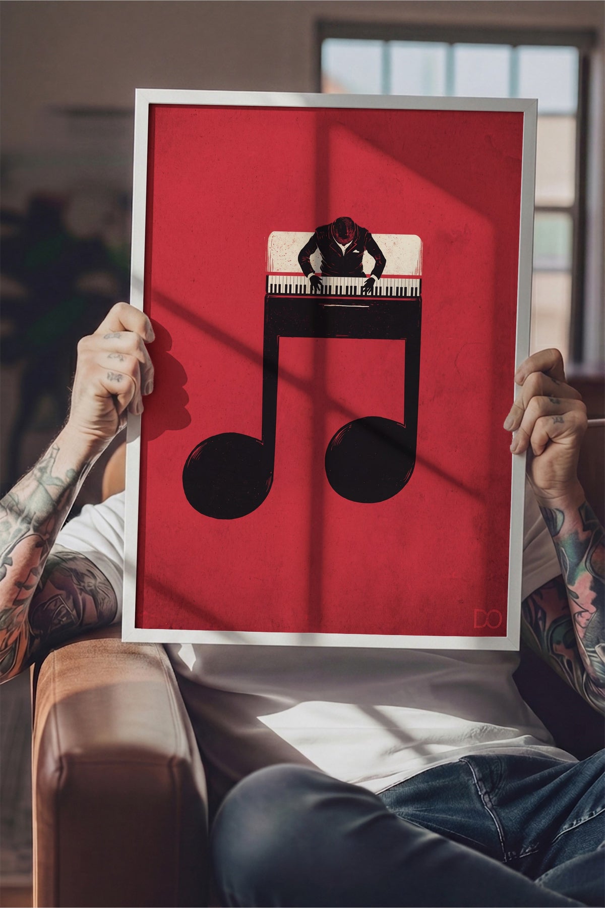 Piyanist ve Nota İllüstrasyonu Poster – Beyaz Çerçeveli Tablo