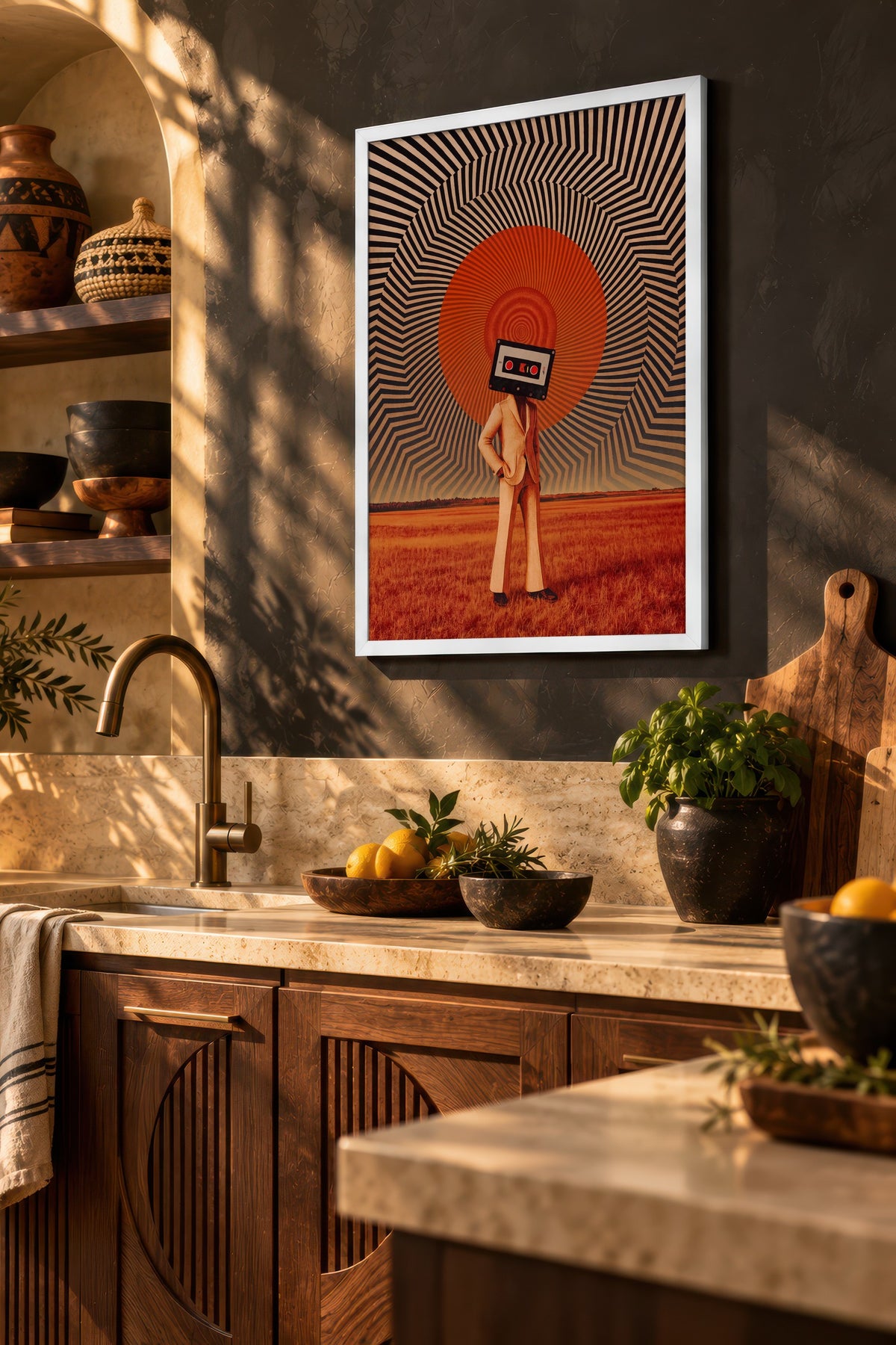 Kaset Kafa Sürreal Kompozisyon Poster – Beyaz Çerçeveli Tablo