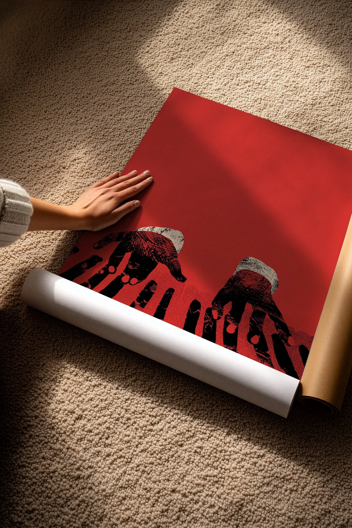 Kırmızı Arka Plan Üzerinde Piyano Çalan Eller Çerçevesiz Poster