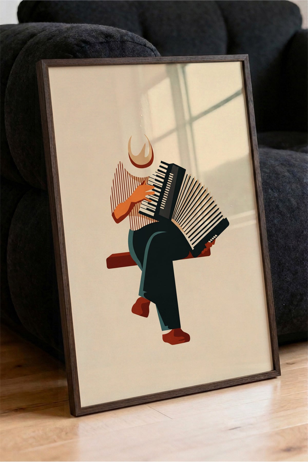 Akordeon Çalan Figür Poster – Kahverengi Çerçeveli Tablo