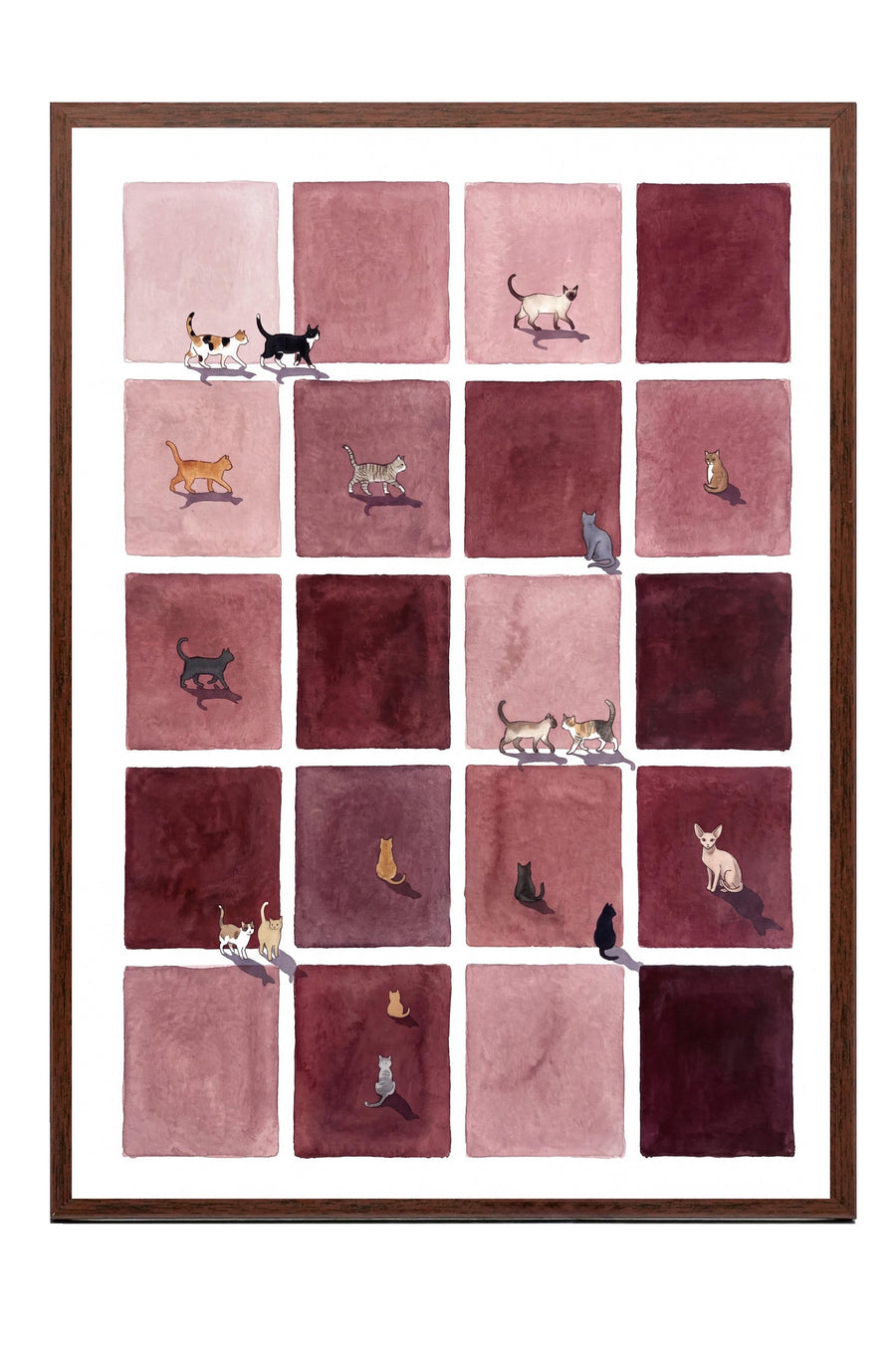 Pembe Karelerde Kedi Düzeni Poster – Kahverengi Çerçeveli Tablo