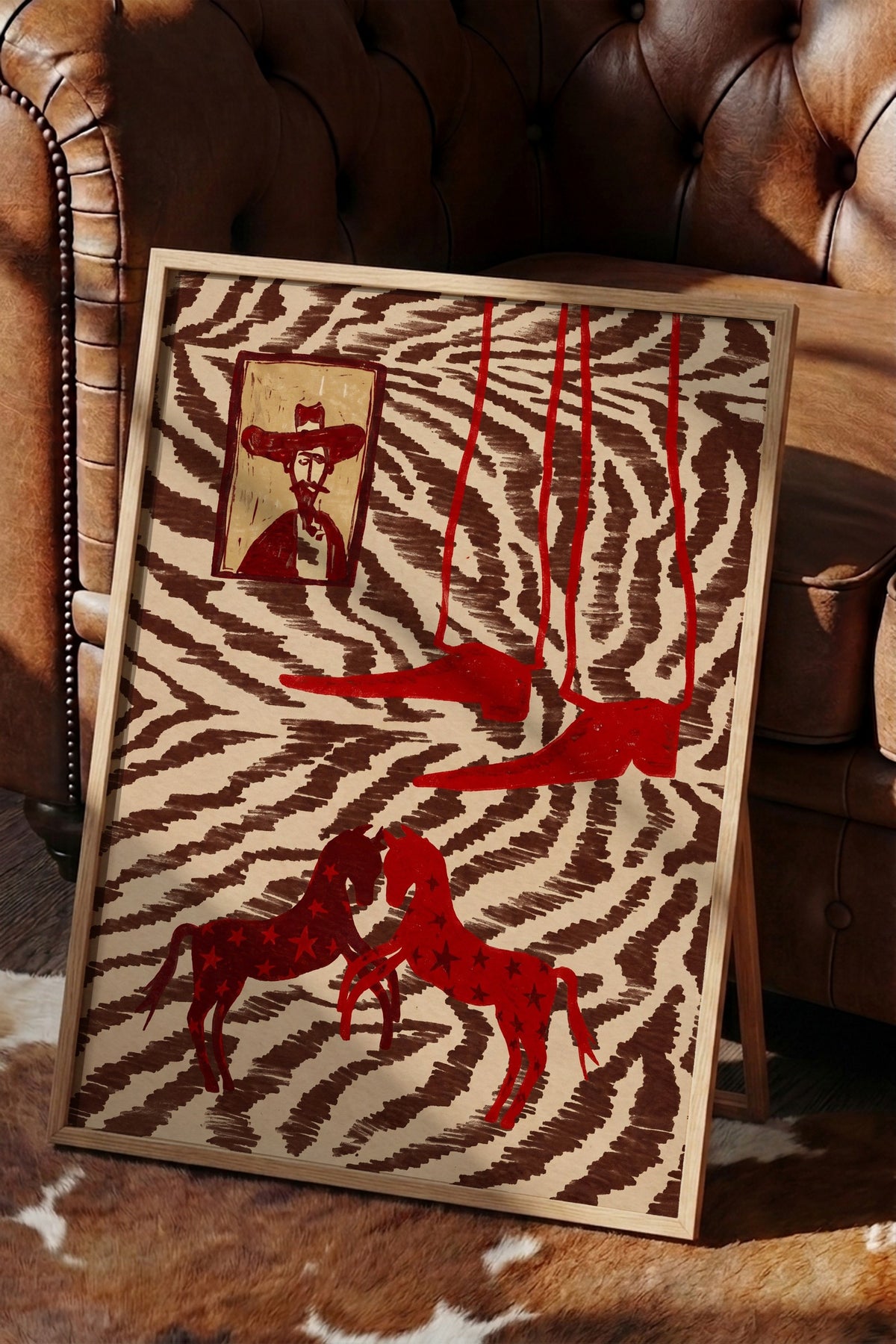 Zebra Desenli Atlar ve Portre Poster – Ahşap Çerçeveli Tablo