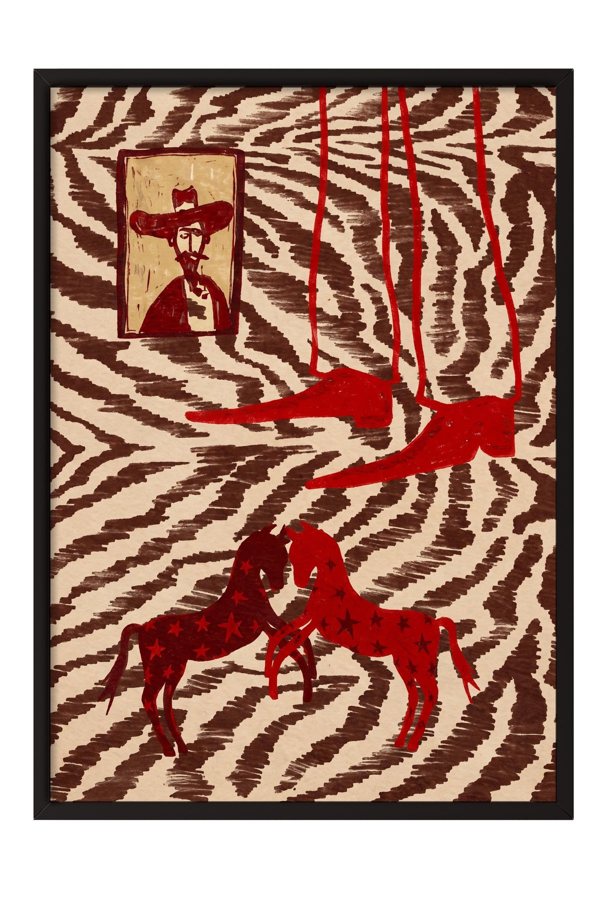 Zebra Desenli Atlar ve Portre Poster – Siyah Çerçeveli Tablo