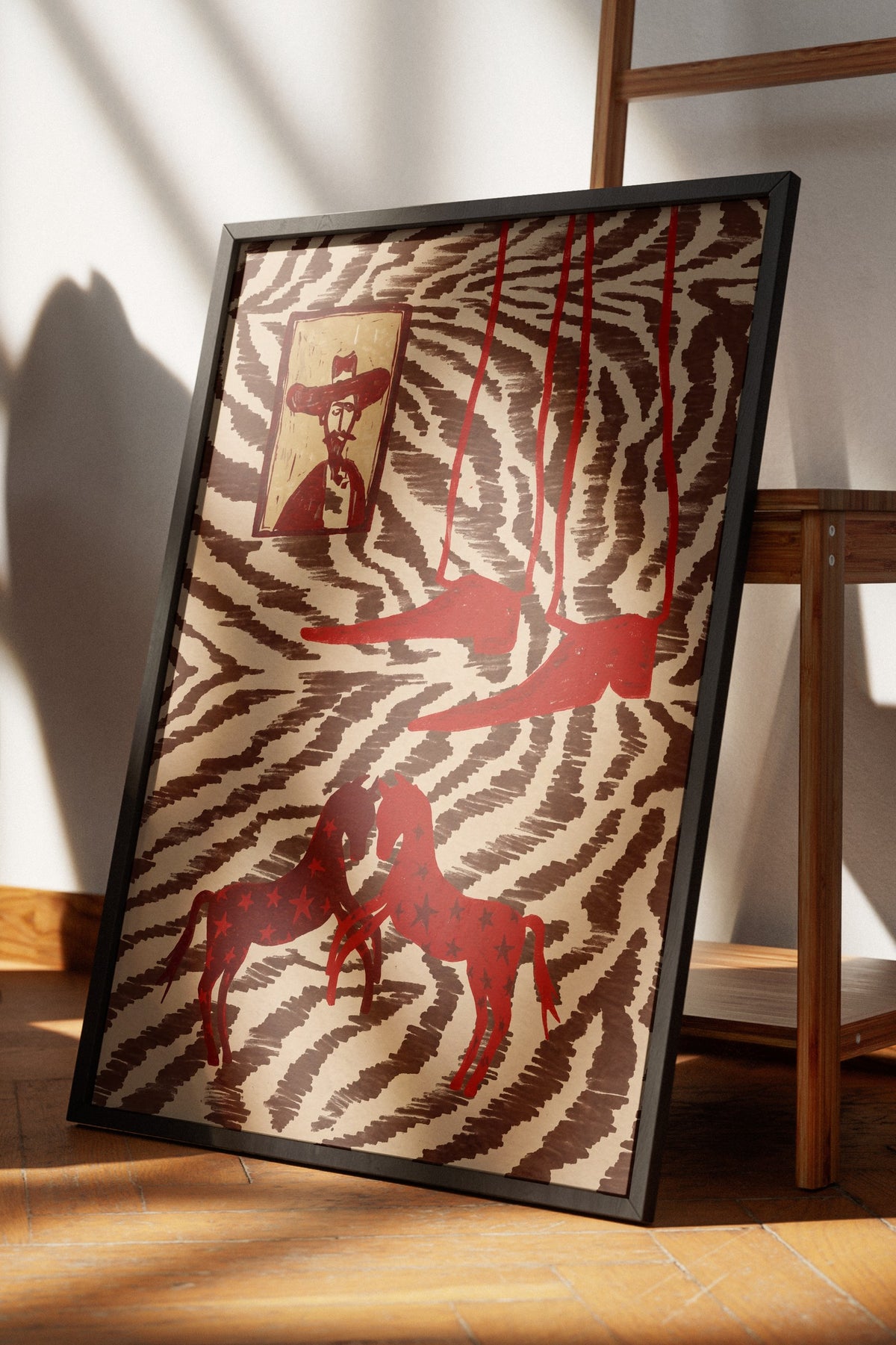 Zebra Desenli Atlar ve Portre Poster – Siyah Çerçeveli Tablo