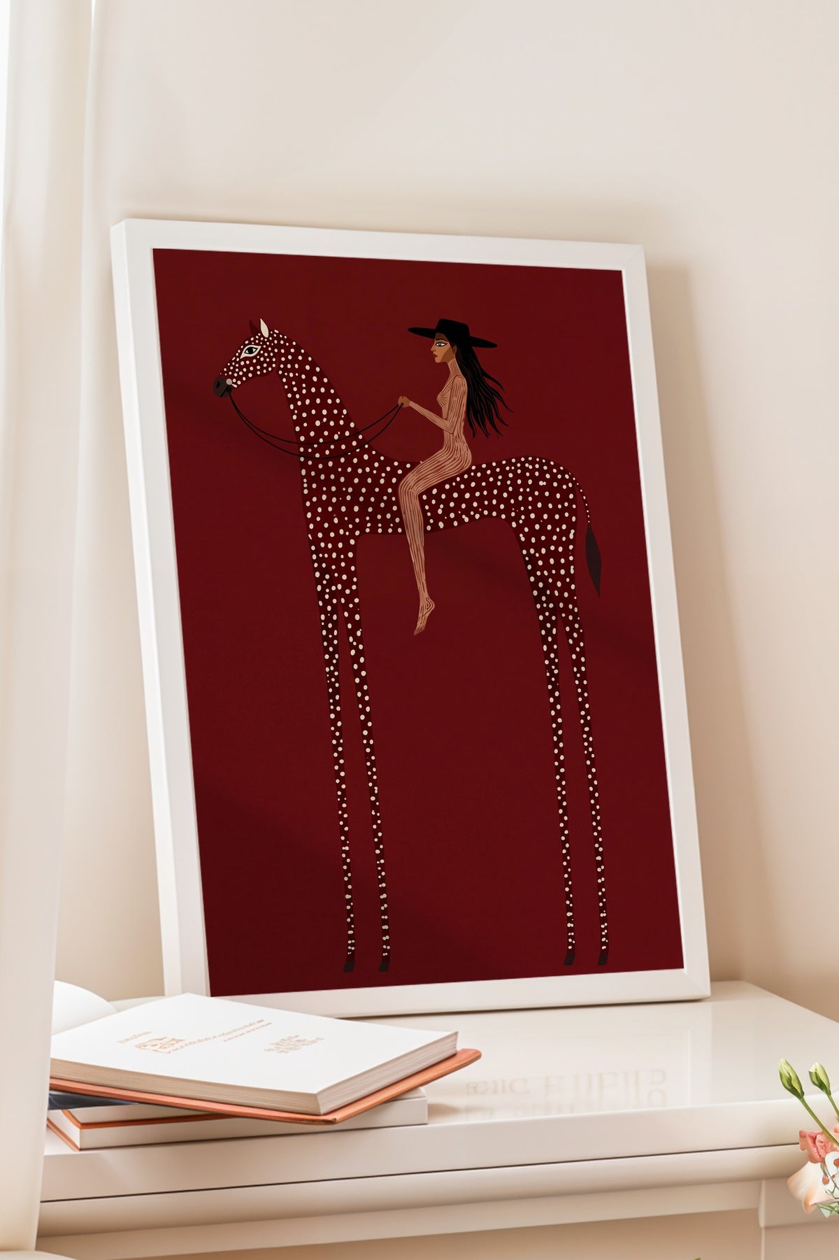 At Üzerinde Kadın Figürü Poster – Beyaz Çerçeveli Tablo