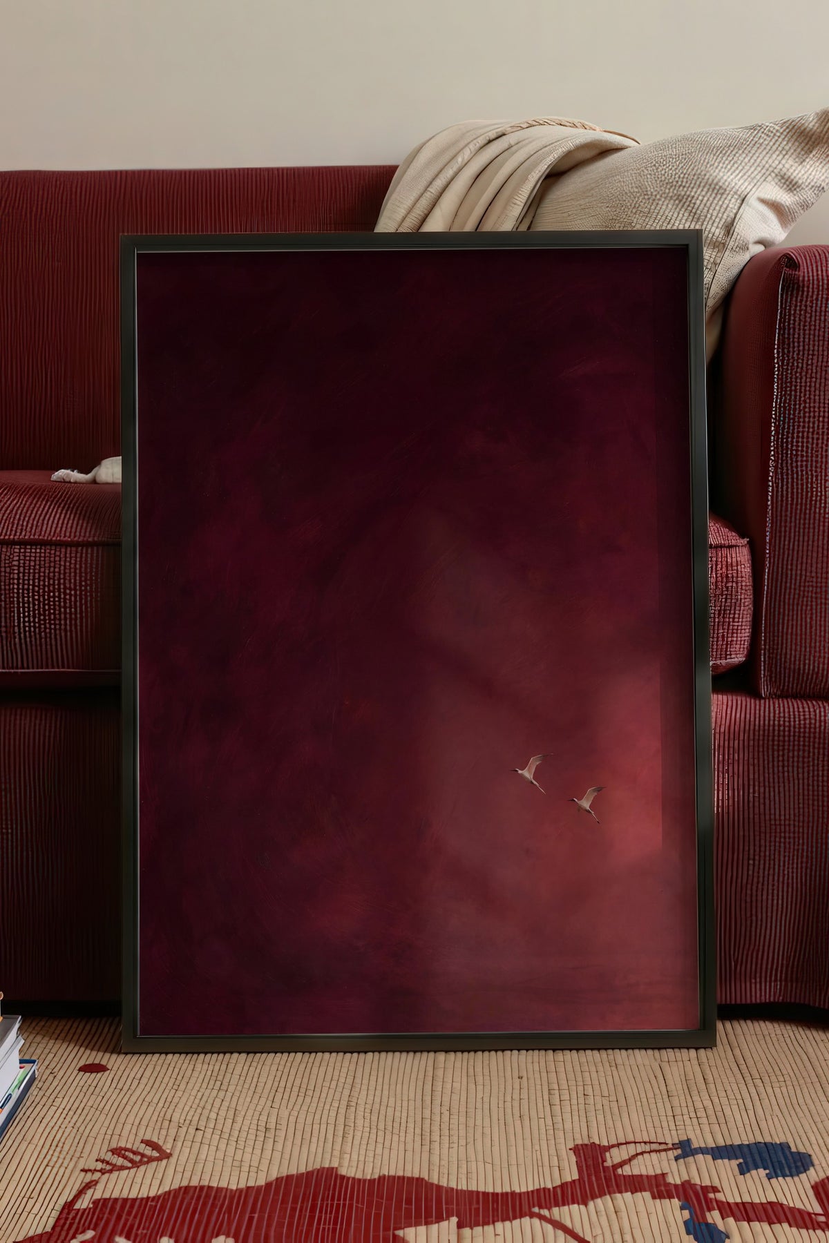 Kızıl Gökyüzünde Uçan Kuşlar Poster – Siyah Çerçeveli Tablo