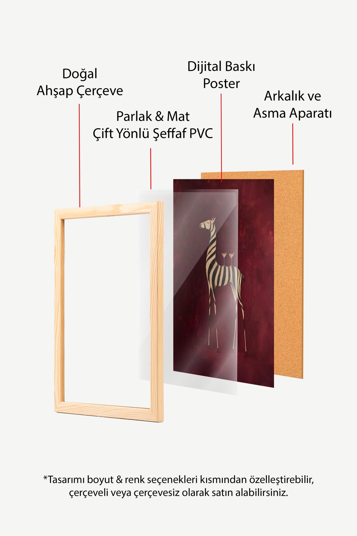 Çizgili Hayvan ve İçecekler Poster – Ahşap Çerçeveli Tablo