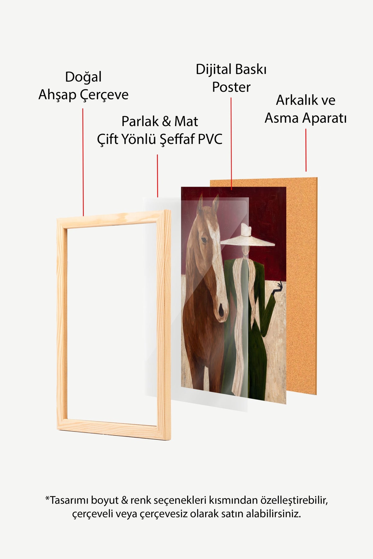 At ve Kadın İllüstrasyonu Poster – Ahşap Çerçeveli Tablo