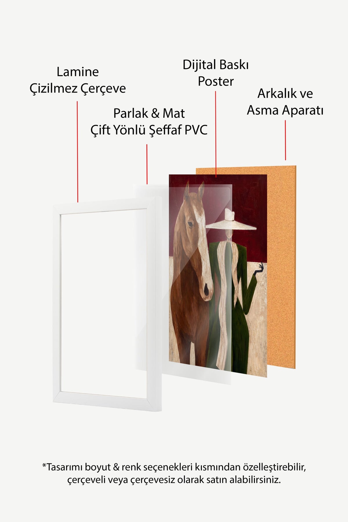 At ve Kadın İllüstrasyonu Poster – Beyaz Çerçeveli Tablo