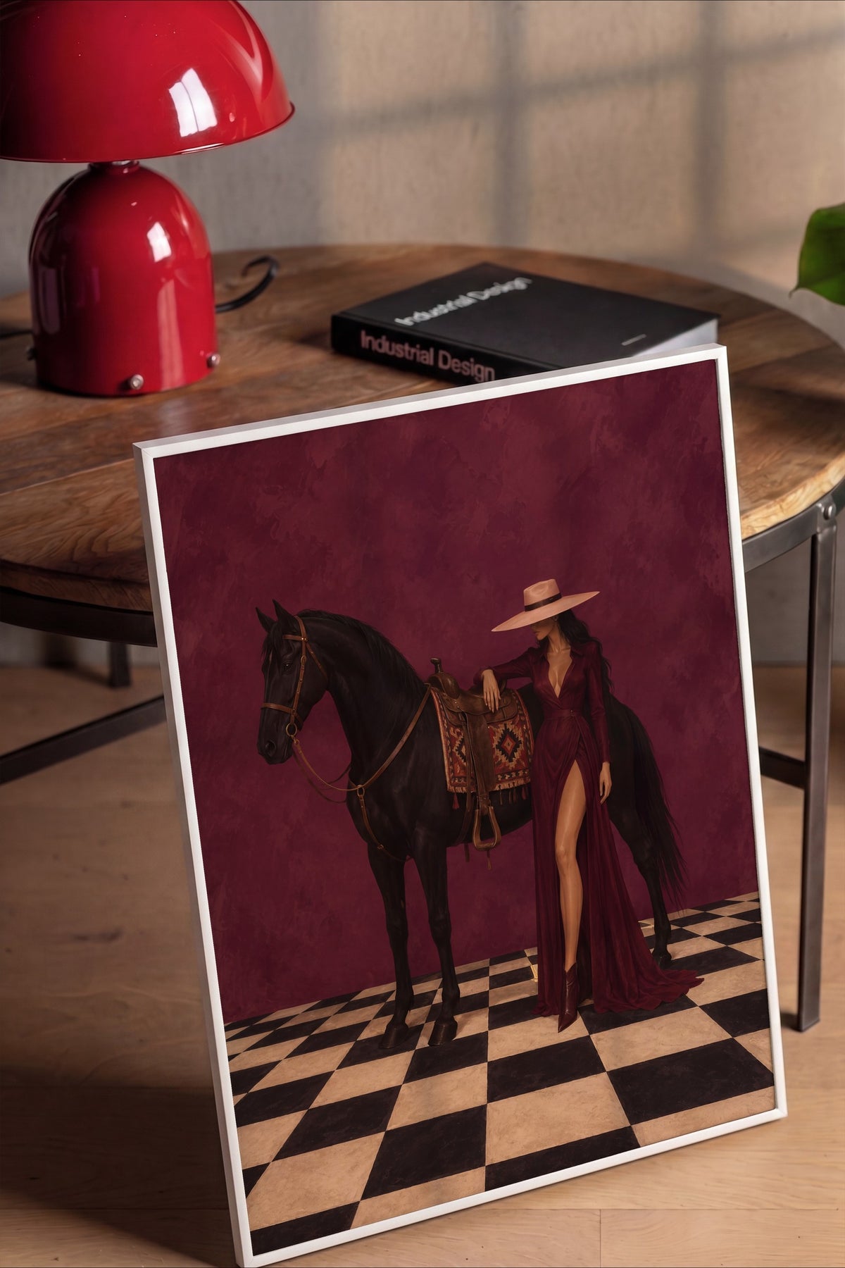 At ve Kadın Figürü Poster – Beyaz Çerçeveli Tablo