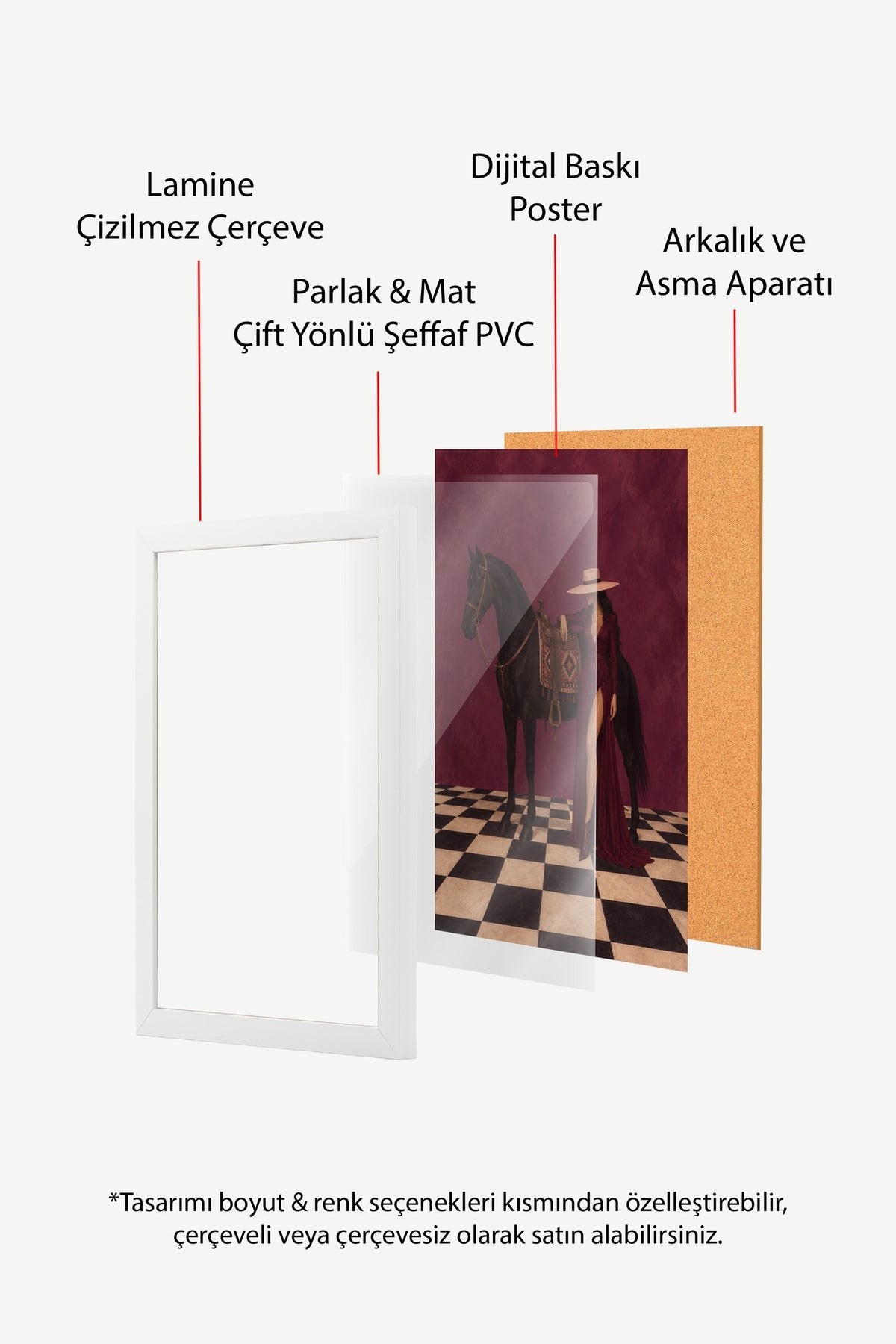 At ve Kadın Figürü Poster – Beyaz Çerçeveli Tablo