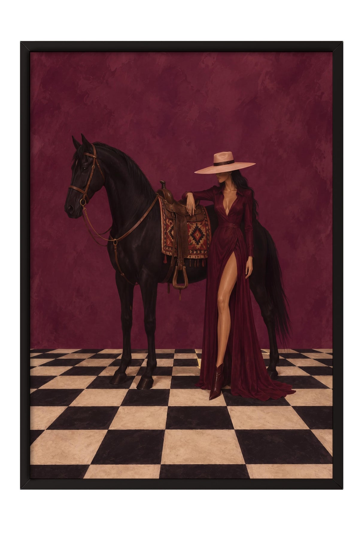 At ve Kadın Figürü Poster – Siyah Çerçeveli Tablo