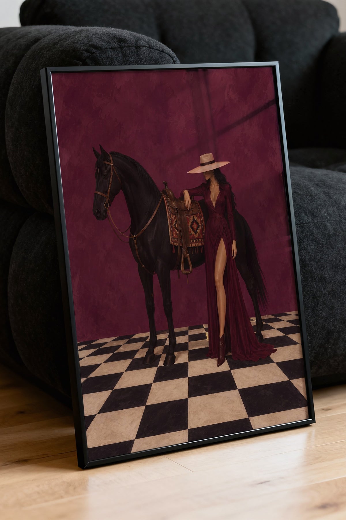 At ve Kadın Figürü Poster – Siyah Çerçeveli Tablo