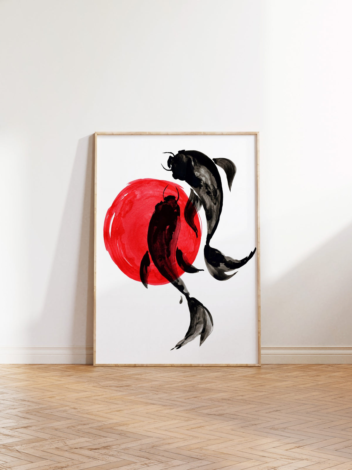 Koi Balıkları ve Kırmızı Güneş Poster – Ahşap Çerçeveli Tablo