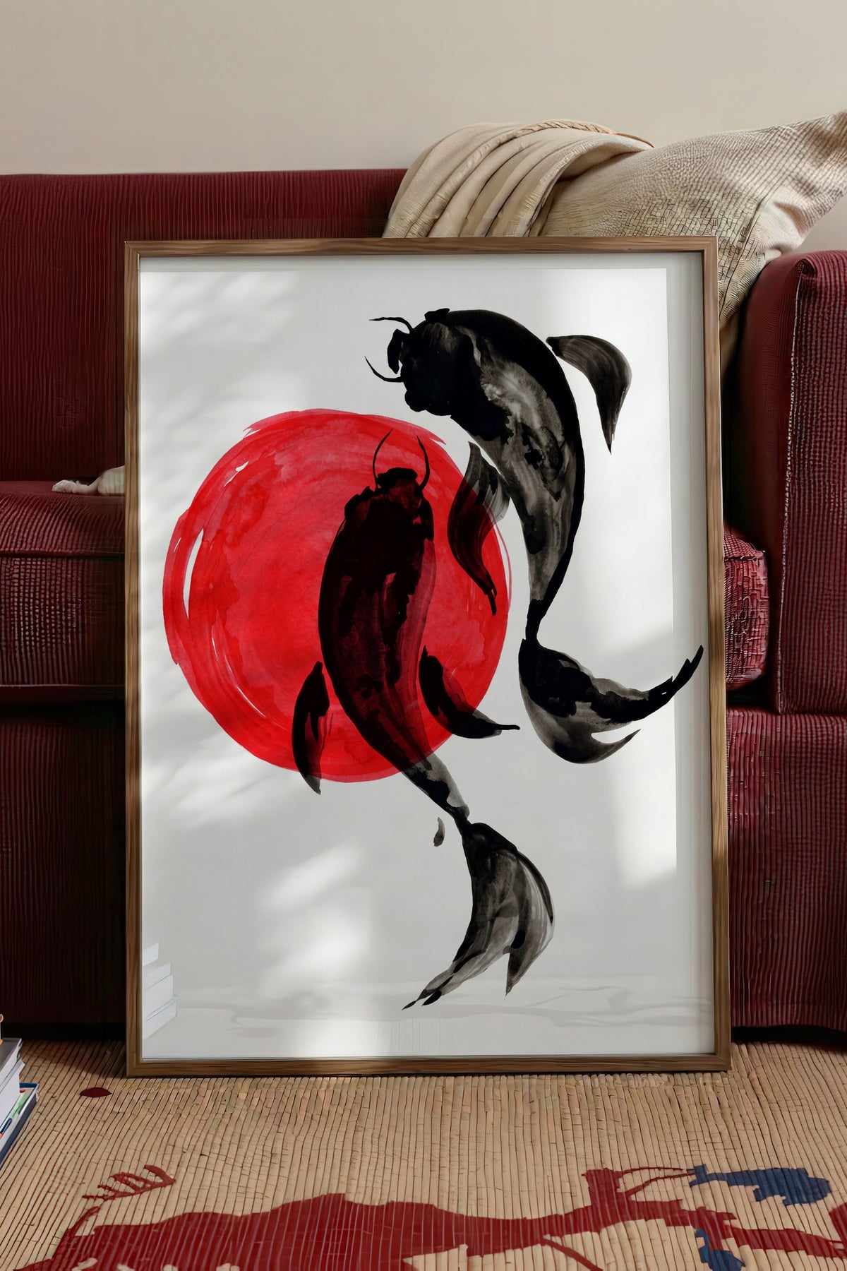 Koi Balıkları ve Kırmızı Güneş Poster – Kahverengi Çerçeveli Tablo