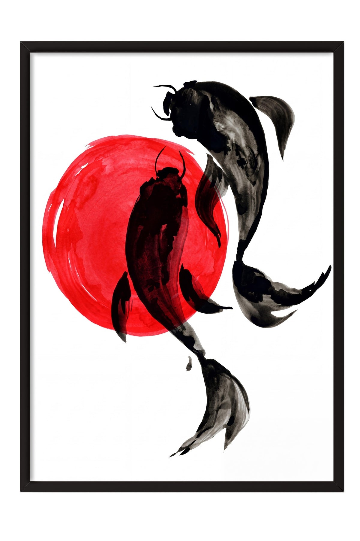 Koi Balıkları ve Kırmızı Güneş Poster – Siyah Çerçeveli Tablo