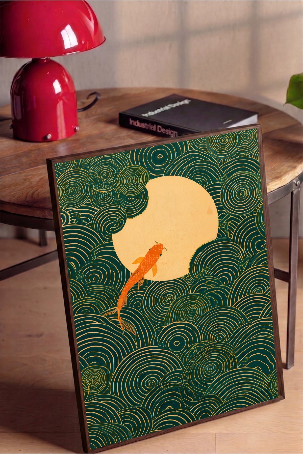Dairesel Desenler ve Koi Balığı Poster – Kahverengi Çerçeveli Tablo