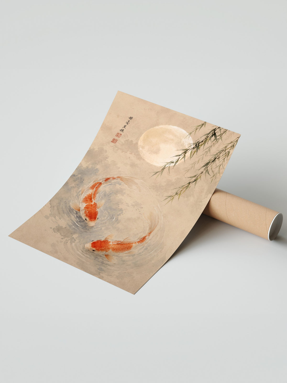 Koi Balıkları ve Ay Çerçevesiz Poster