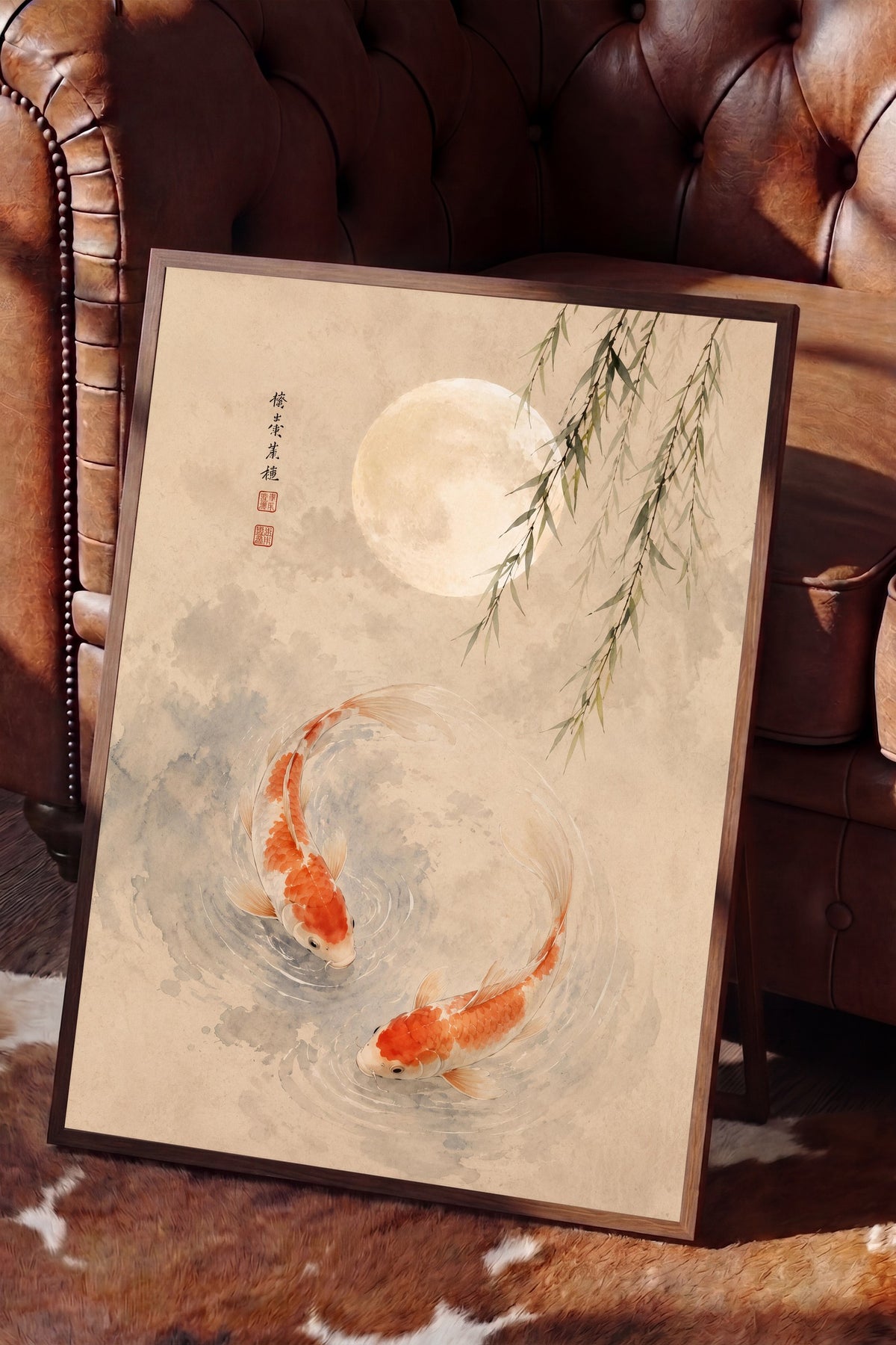 Koi Balıkları ve Ay Poster – Kahverengi Çerçeveli Tablo