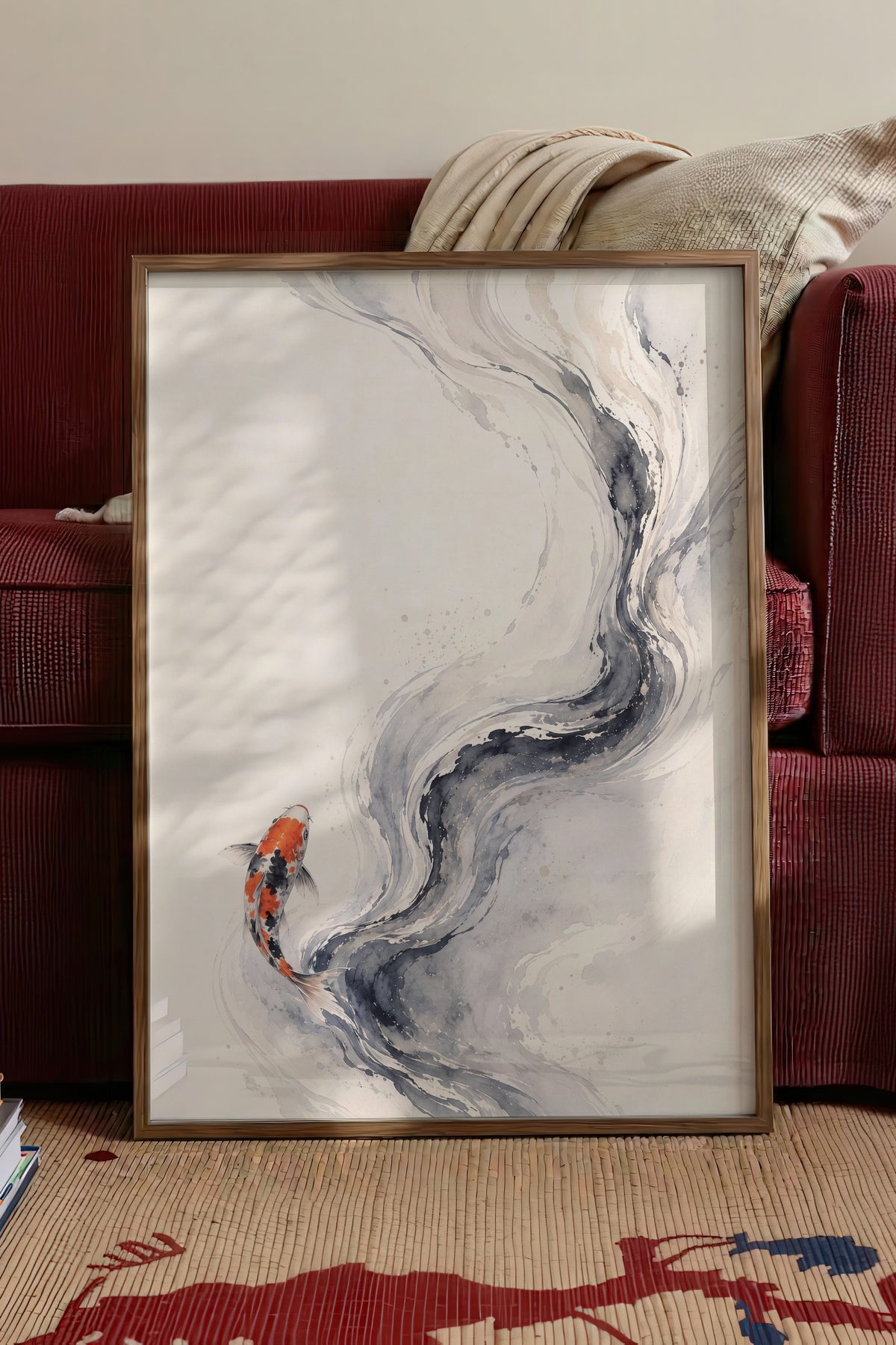 Suluboya Koi Balığı Poster – Kahverengi Çerçeveli Tablo