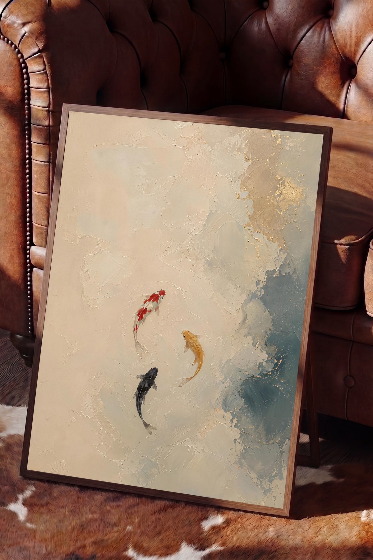 Soyut Koi Balıkları Poster – Kahverengi Çerçeveli Tablo