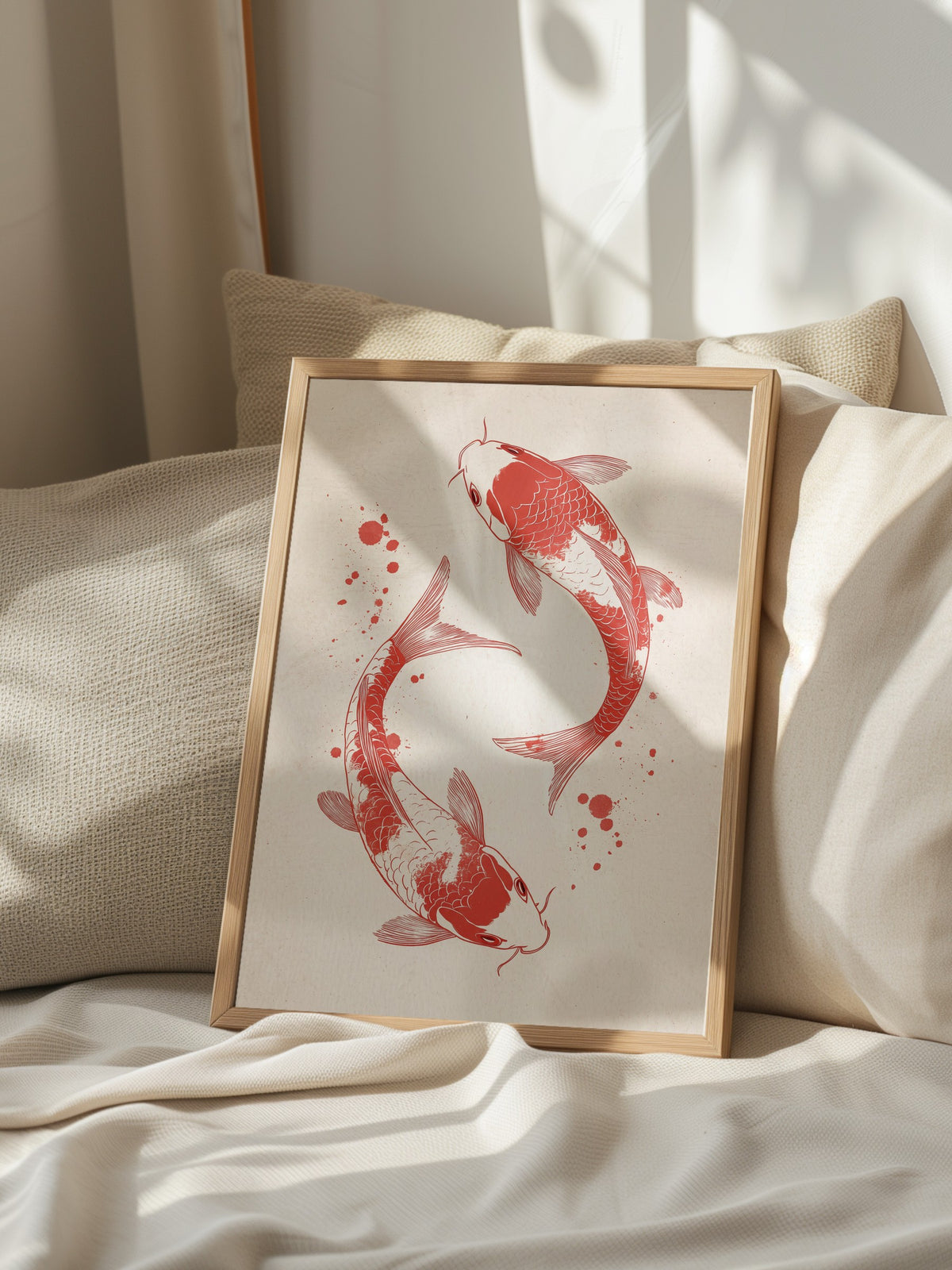 Koi Balıkları İllüstrasyonu Poster – Ahşap Çerçeveli Tablo