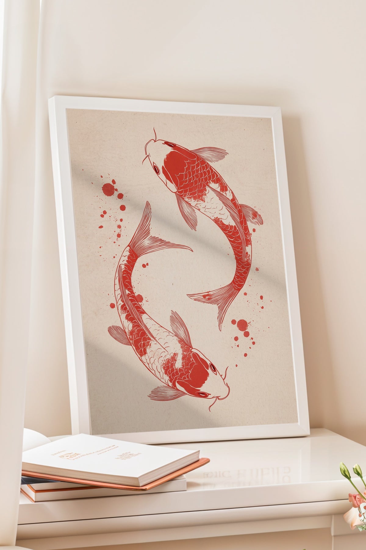 Koi Balıkları İllüstrasyonu Poster – Beyaz Çerçeveli Tablo