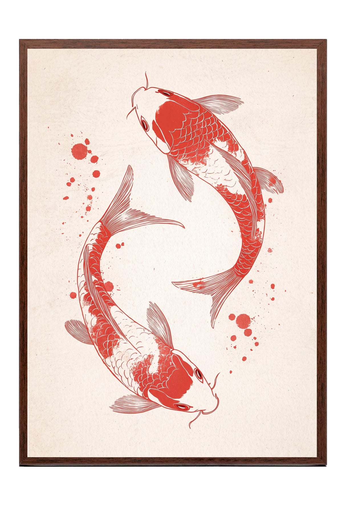 Koi Balıkları İllüstrasyonu Poster – Kahverengi Çerçeveli Tablo