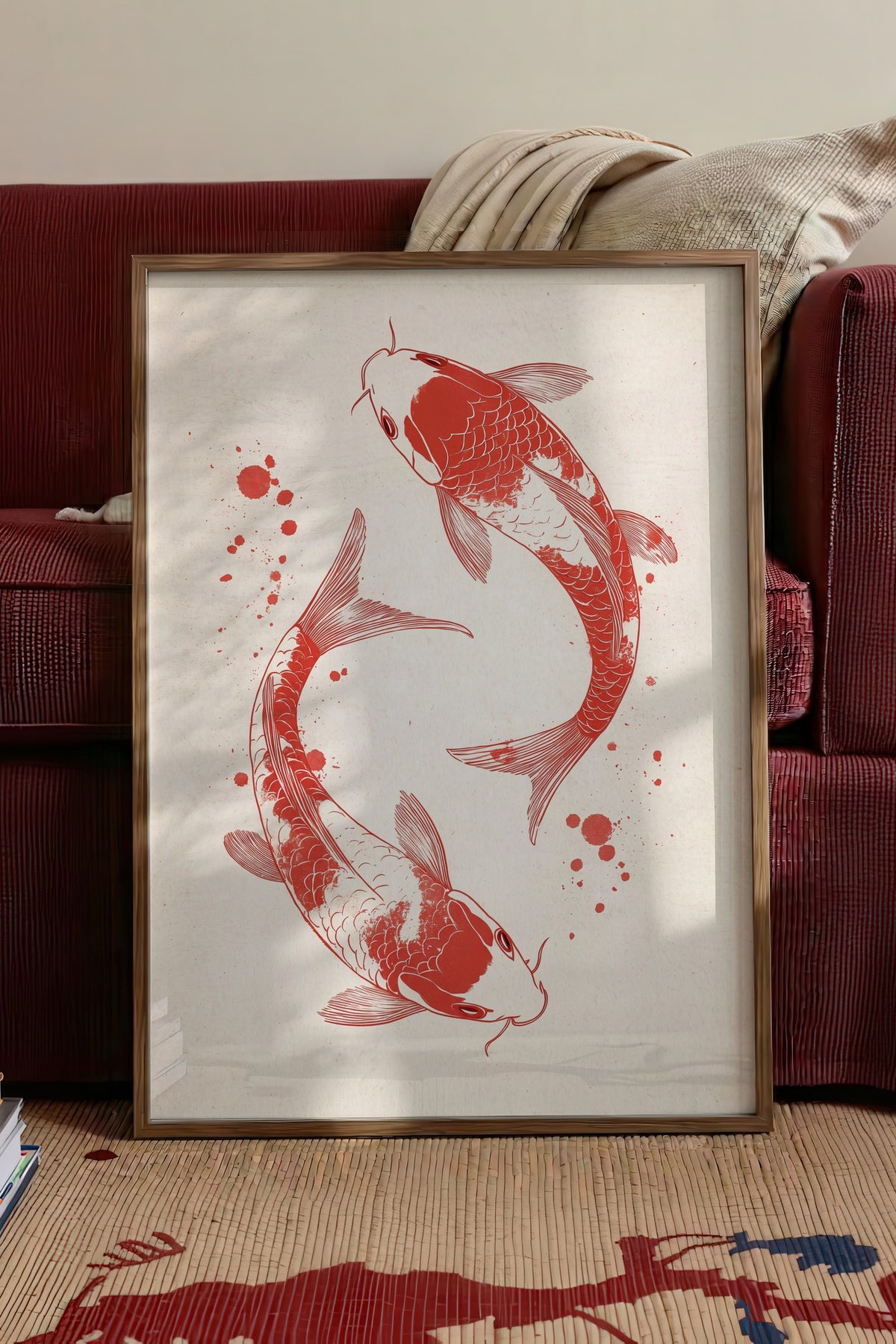 Koi Balıkları İllüstrasyonu Poster – Kahverengi Çerçeveli Tablo