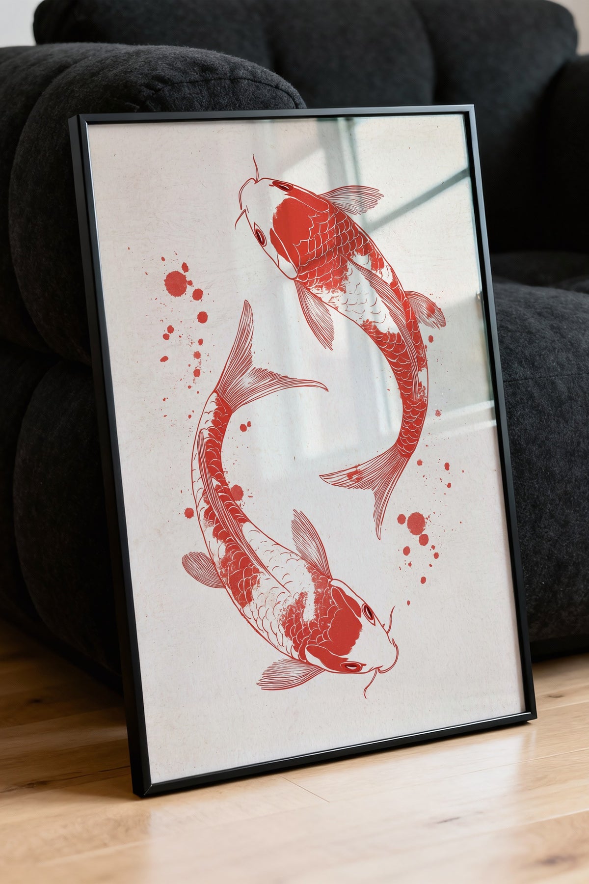 Koi Balıkları İllüstrasyonu Poster – Siyah Çerçeveli Tablo