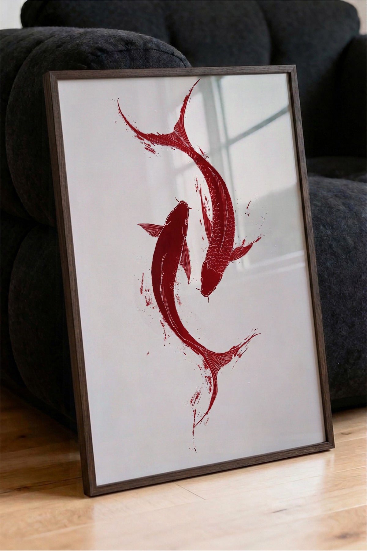 Kırmızı Balık Çiftleri Poster – Kahverengi Çerçeveli Tablo
