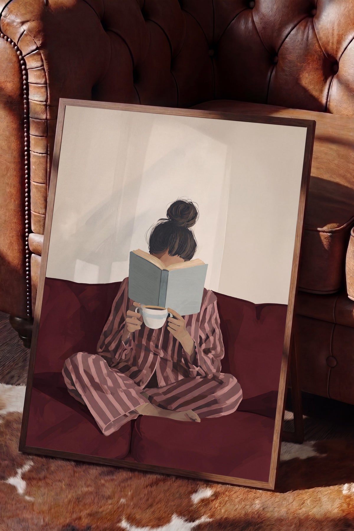 Kitap Okuyan Kız Poster – Kahverengi Çerçeveli Tablo