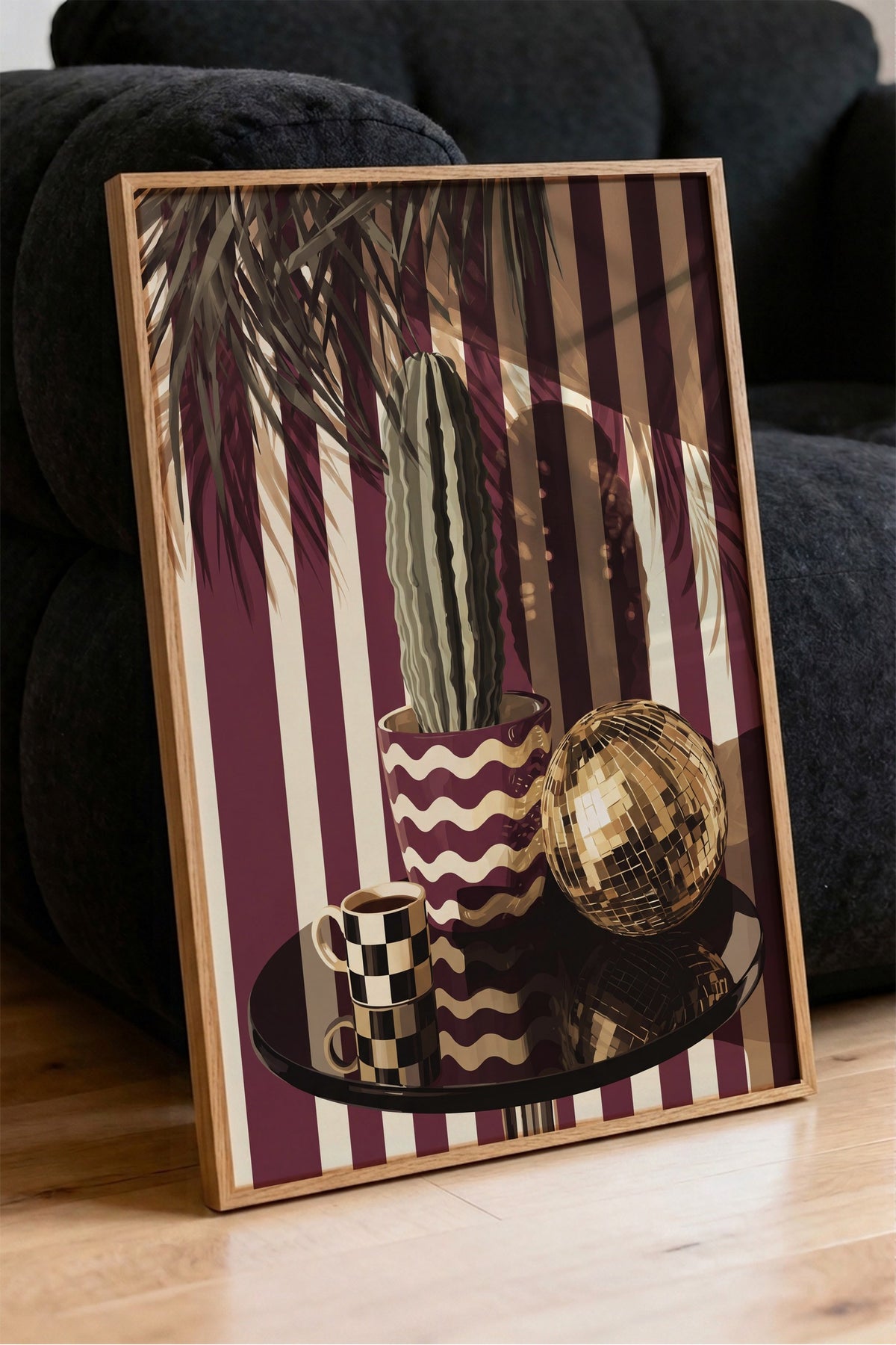 Retro Kaktüs ve Disko Küresi Poster – Ahşap Çerçeveli Tablo