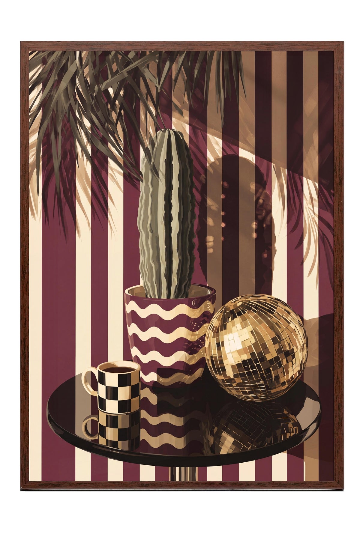 Retro Kaktüs ve Disko Küresi Poster – Kahverengi Çerçeveli Tablo