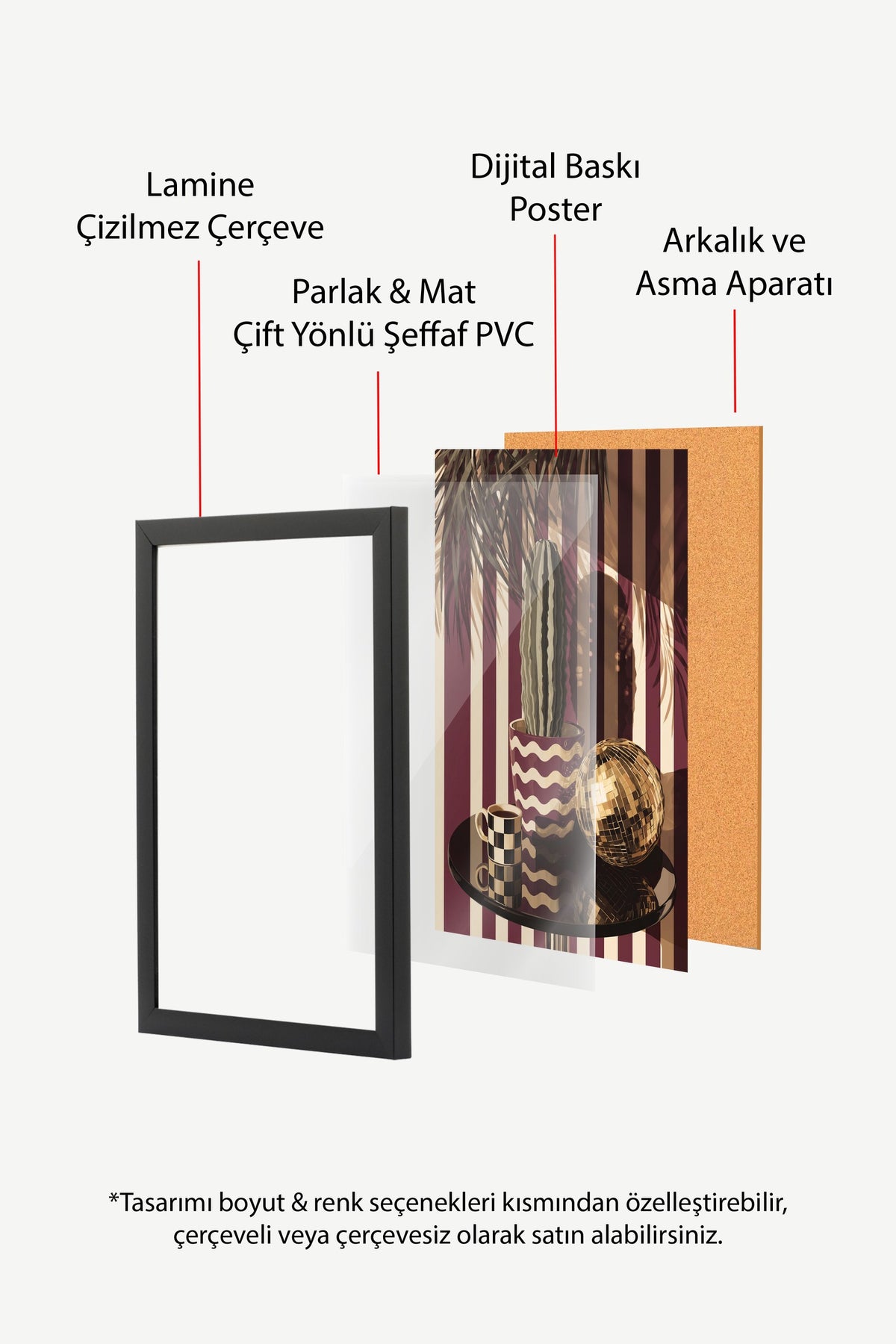 Retro Kaktüs ve Disko Küresi Poster – Siyah Çerçeveli Tablo