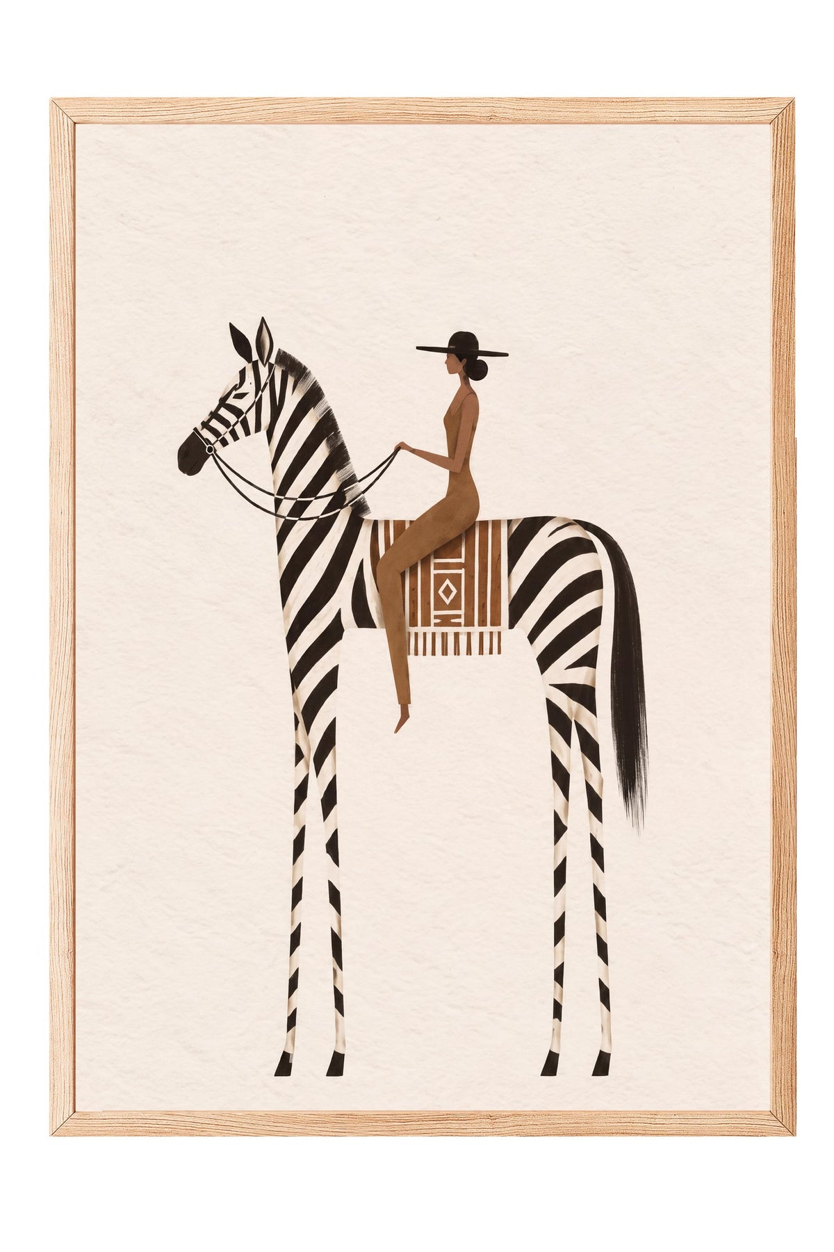 Zebra Üzerinde Oturan Kadın Poster – Ahşap Çerçeveli Tablo