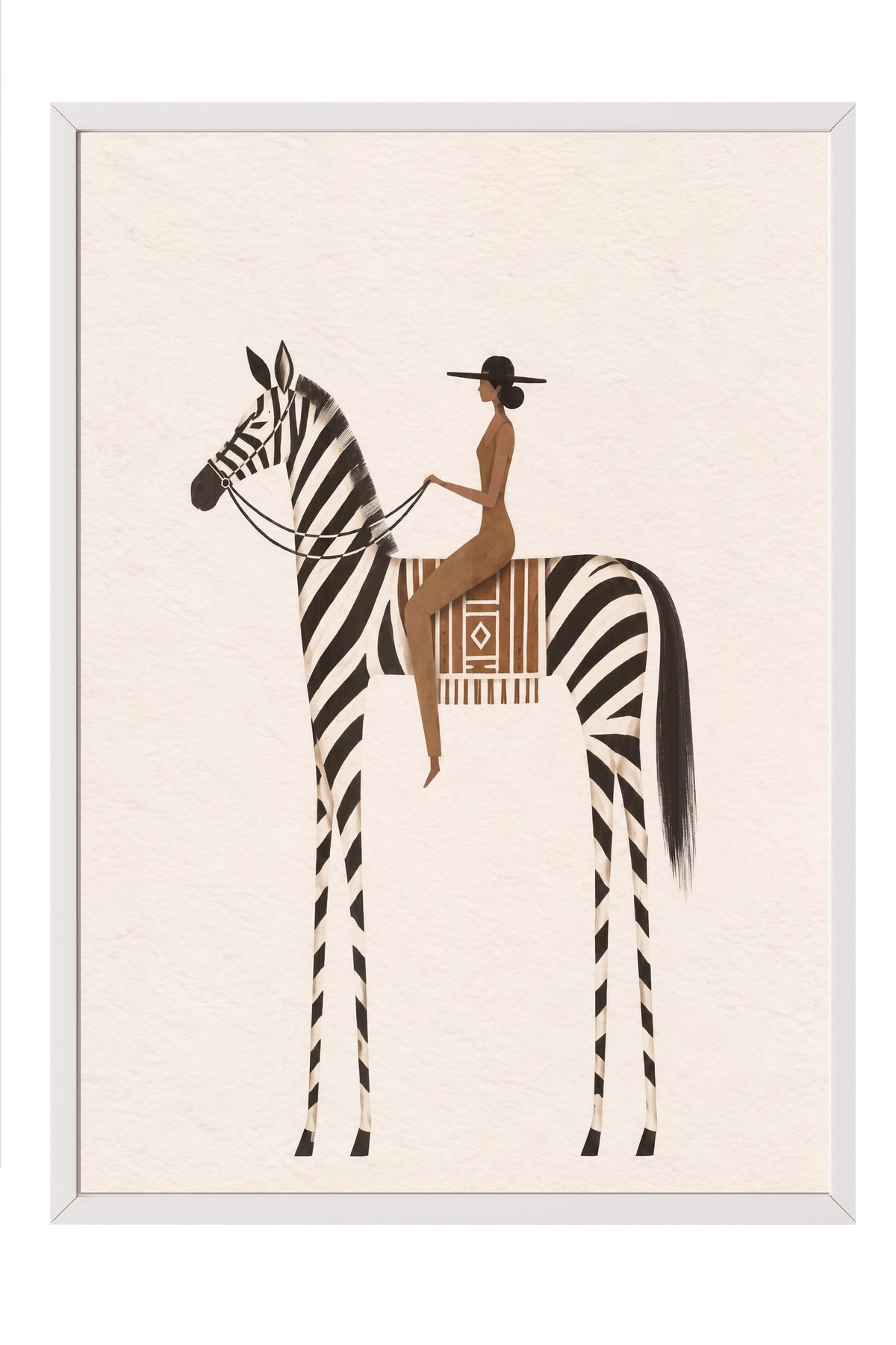 Zebra Üzerinde Oturan Kadın Poster – Beyaz Çerçeveli Tablo