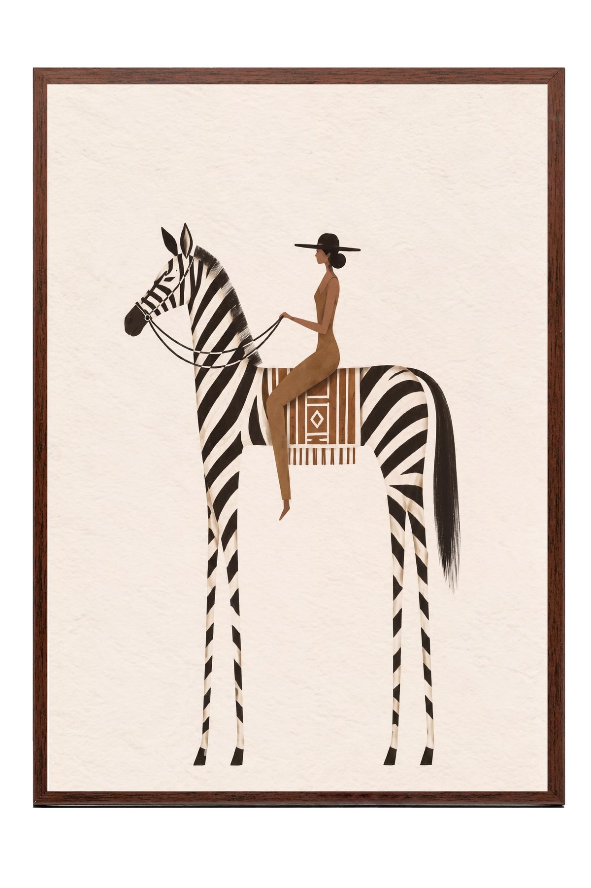 Zebra Üzerinde Oturan Kadın Poster – Kahverengi Çerçeveli Tablo