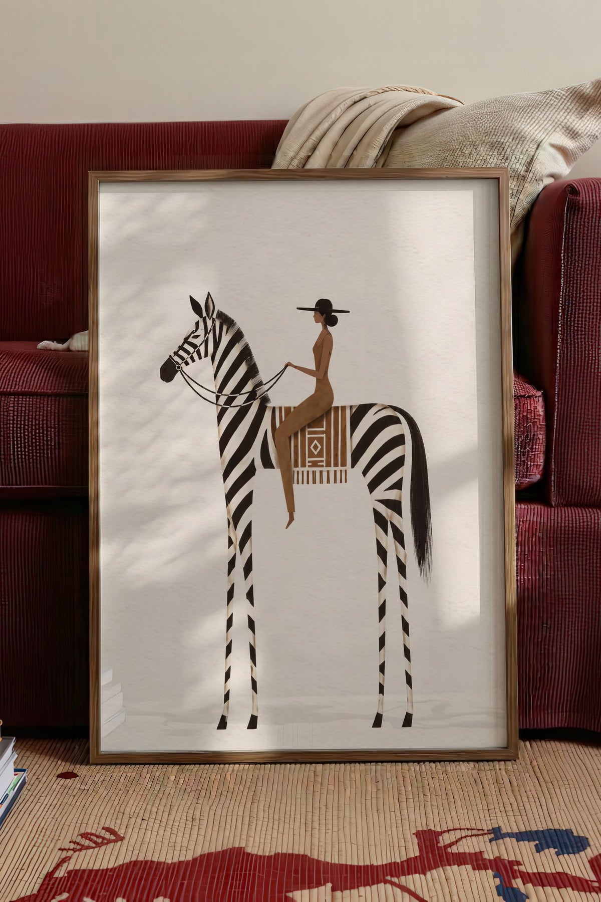 Zebra Üzerinde Oturan Kadın Poster – Kahverengi Çerçeveli Tablo